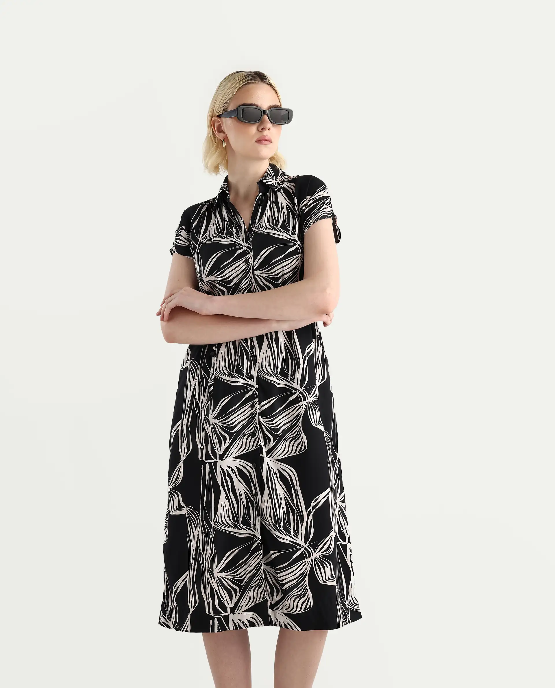 Rareism Women's Eloge Black Viscose Collared Neck A-Line Printed Midi Dress - Image 4
