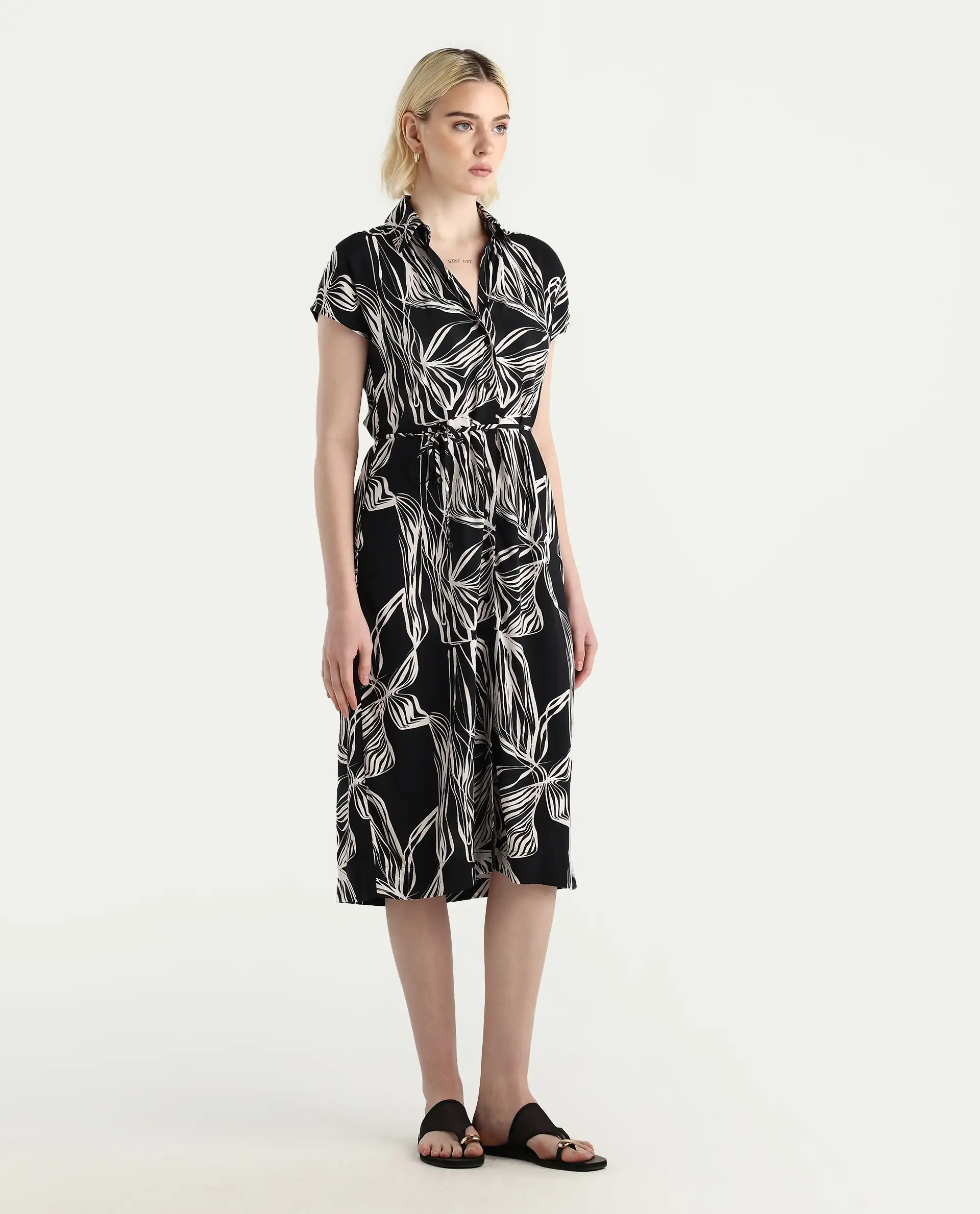 Rareism Women's Eloge Black Viscose Collared Neck A-Line Printed Midi Dress - Image 6