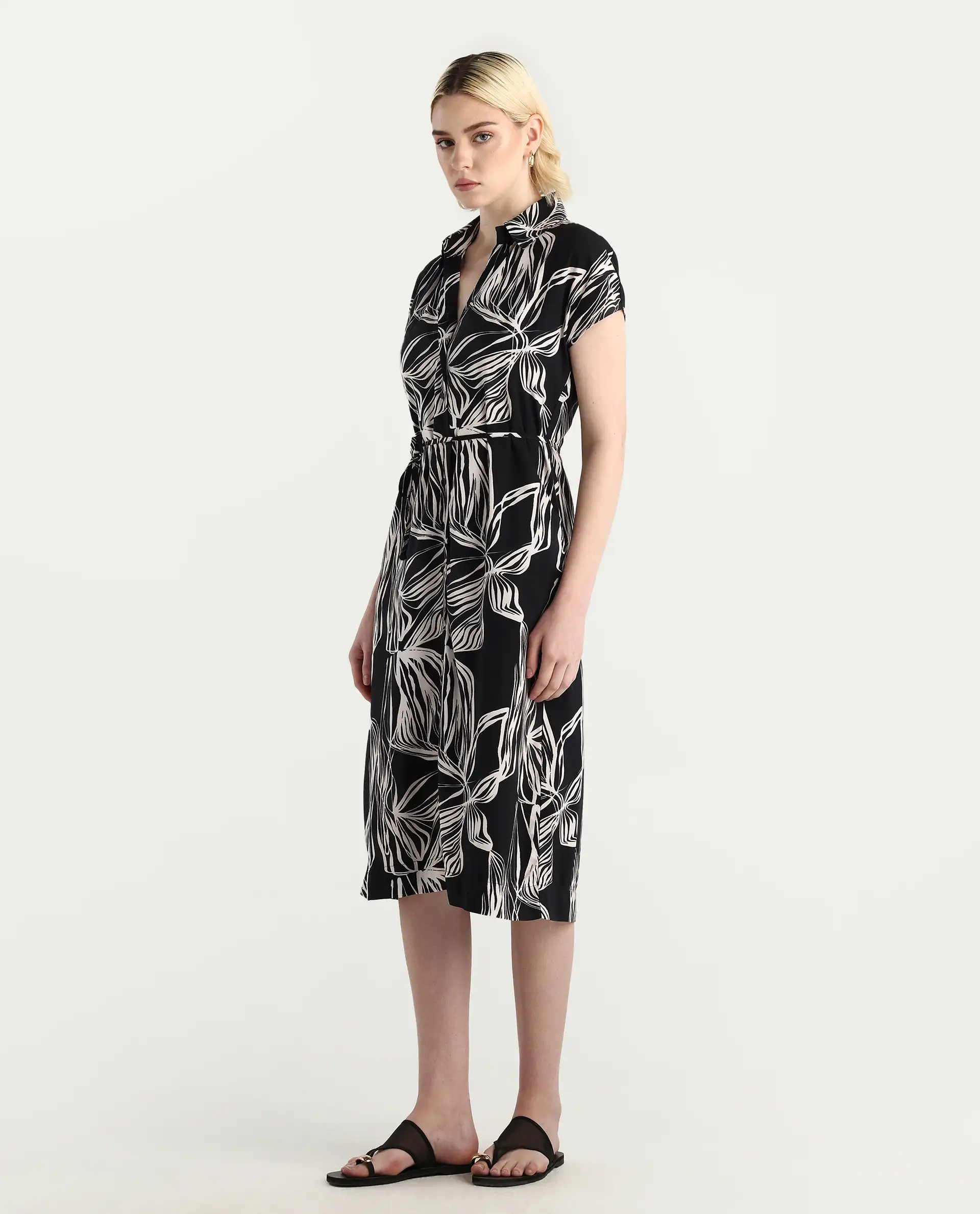 Rareism Women's Eloge Black Viscose Collared Neck A-Line Printed Midi Dress - Image 7