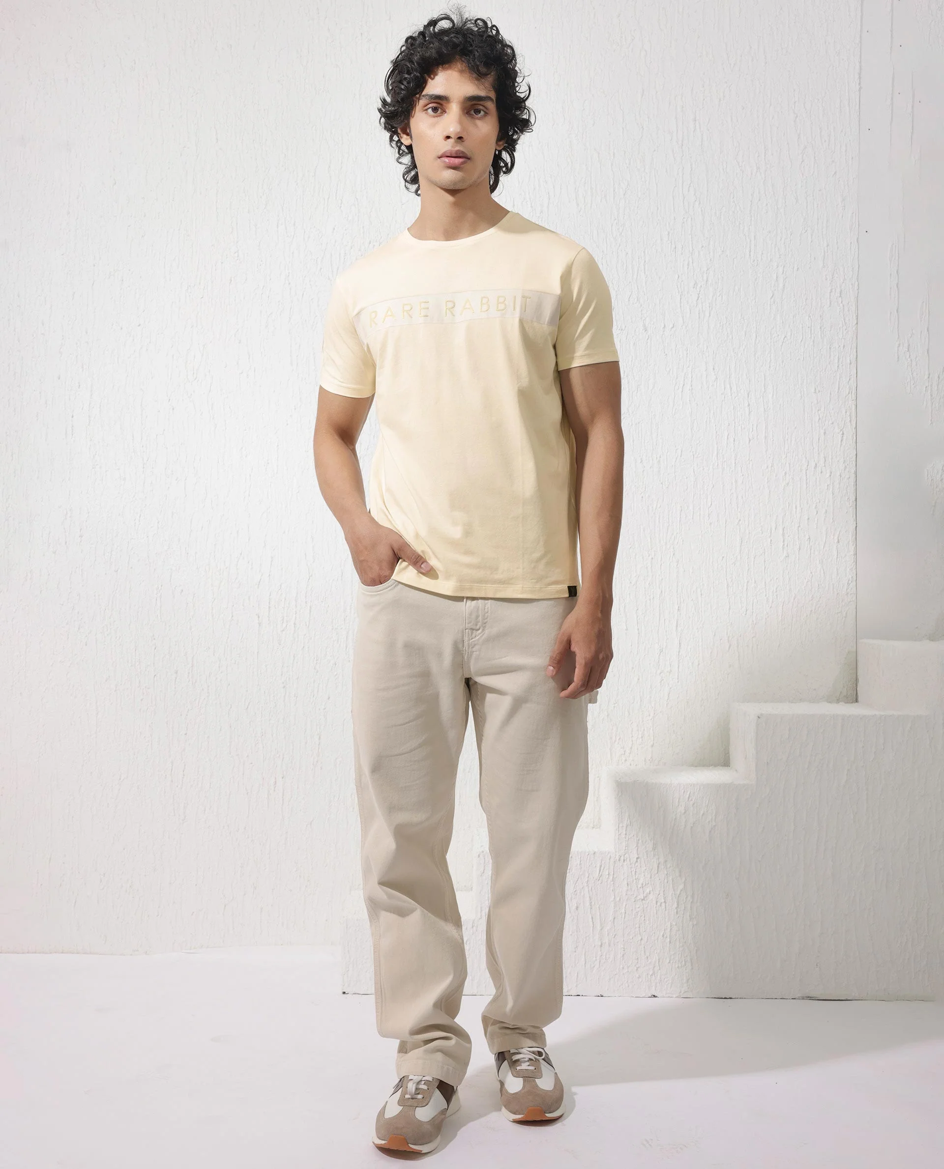 Rare Rabbit Men's Eloise Light Yellow Cotton Blend Graphic Print Regular Fit Half Sleeve Crew Neck T-Shirt - Image 3