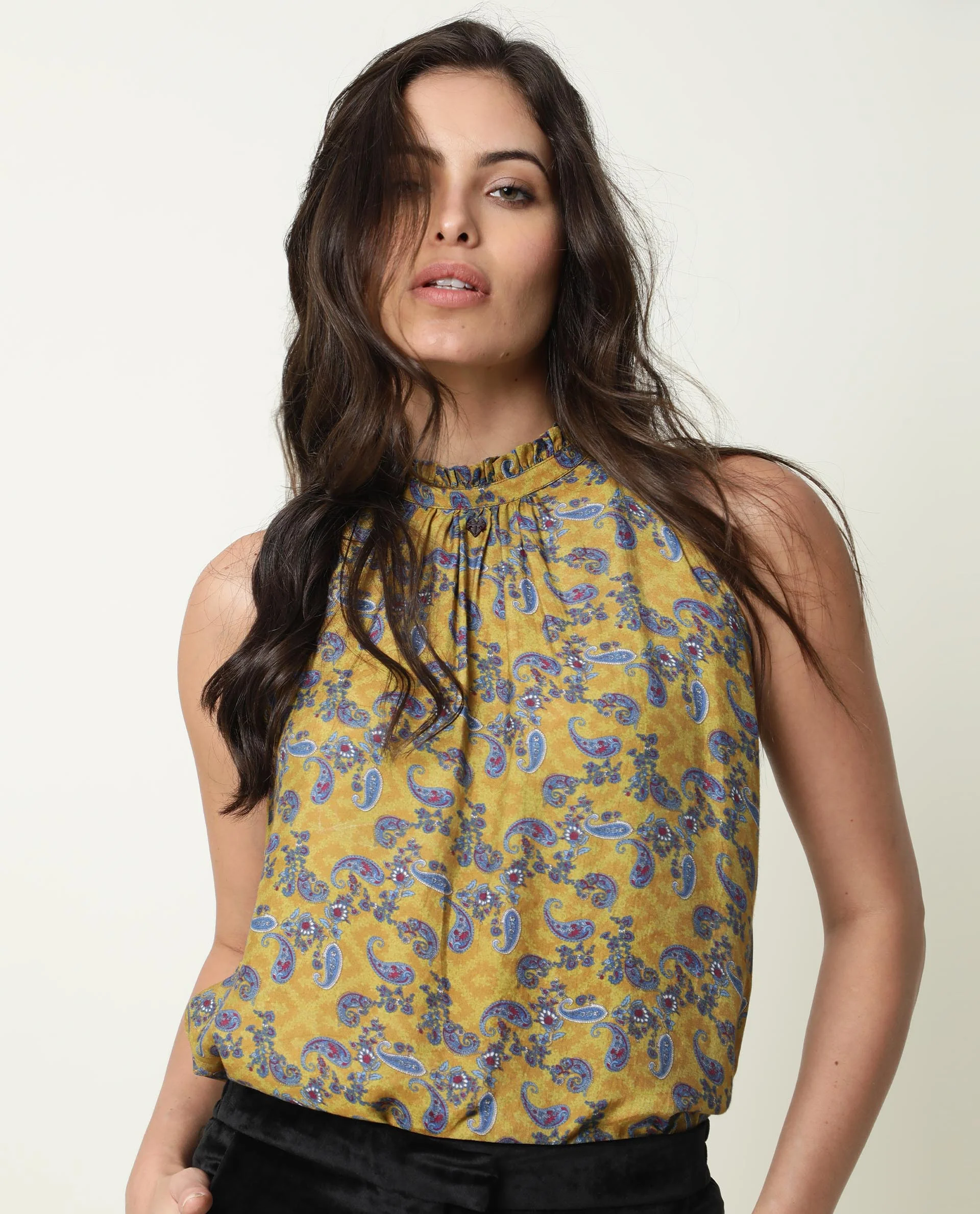 Rareism Women's Elordi Olive Halter Neck Floral Print Sleeveless Knee Length Tailored Top