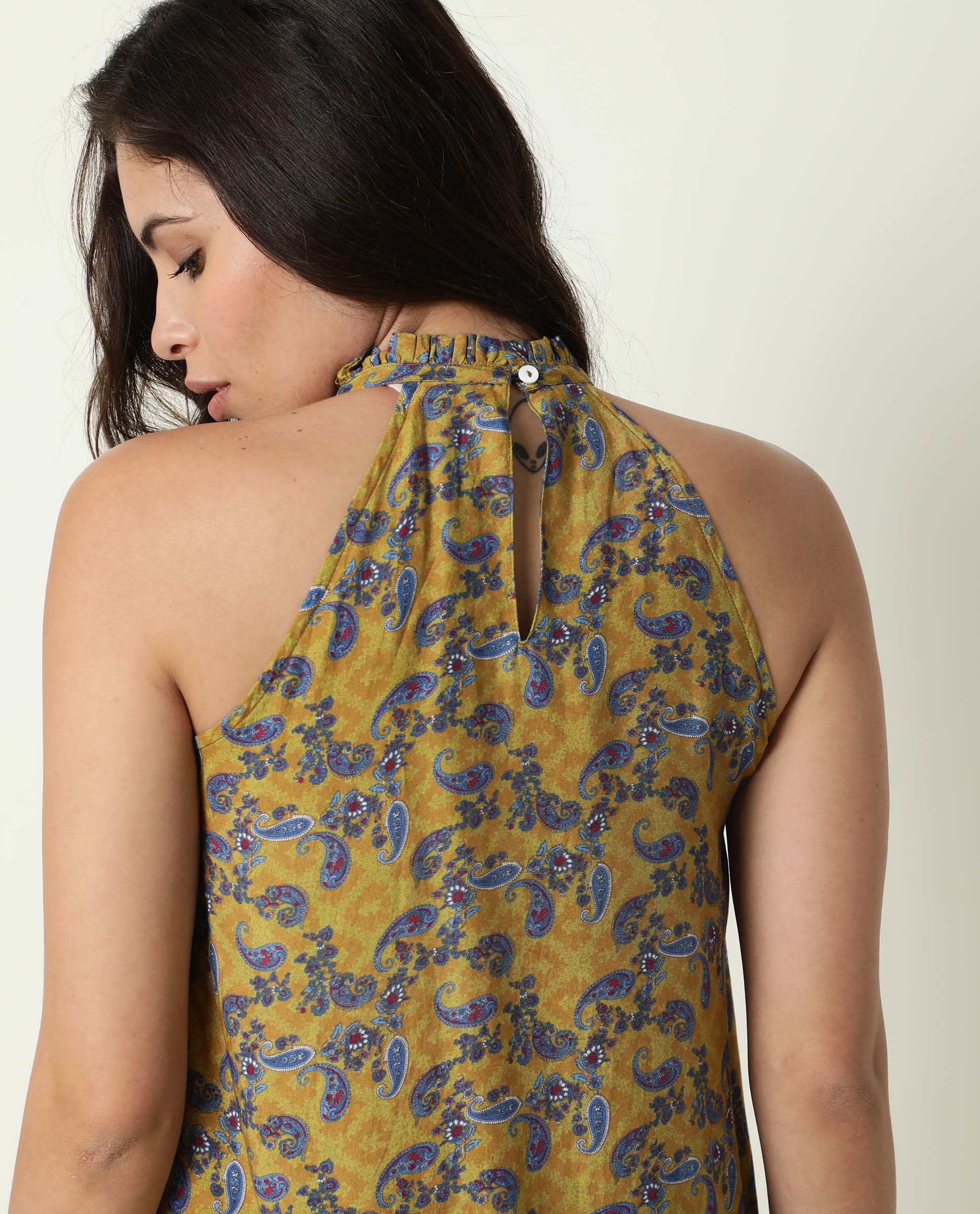 Rareism Women's Elordi Olive Halter Neck Floral Print Sleeveless Knee Length Tailored Top - Image 5