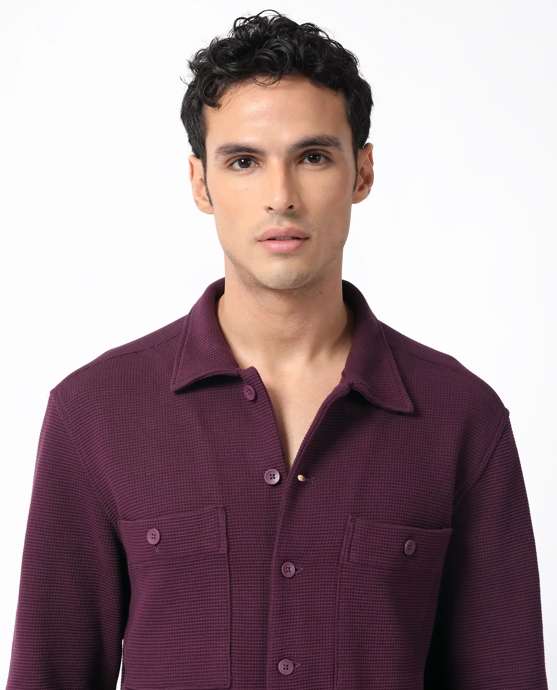Rare Rabbit Men's Elric Dark Purple Cotton Plain Regular Fit Full Sleeve Spread Collar Jacket - Image 2