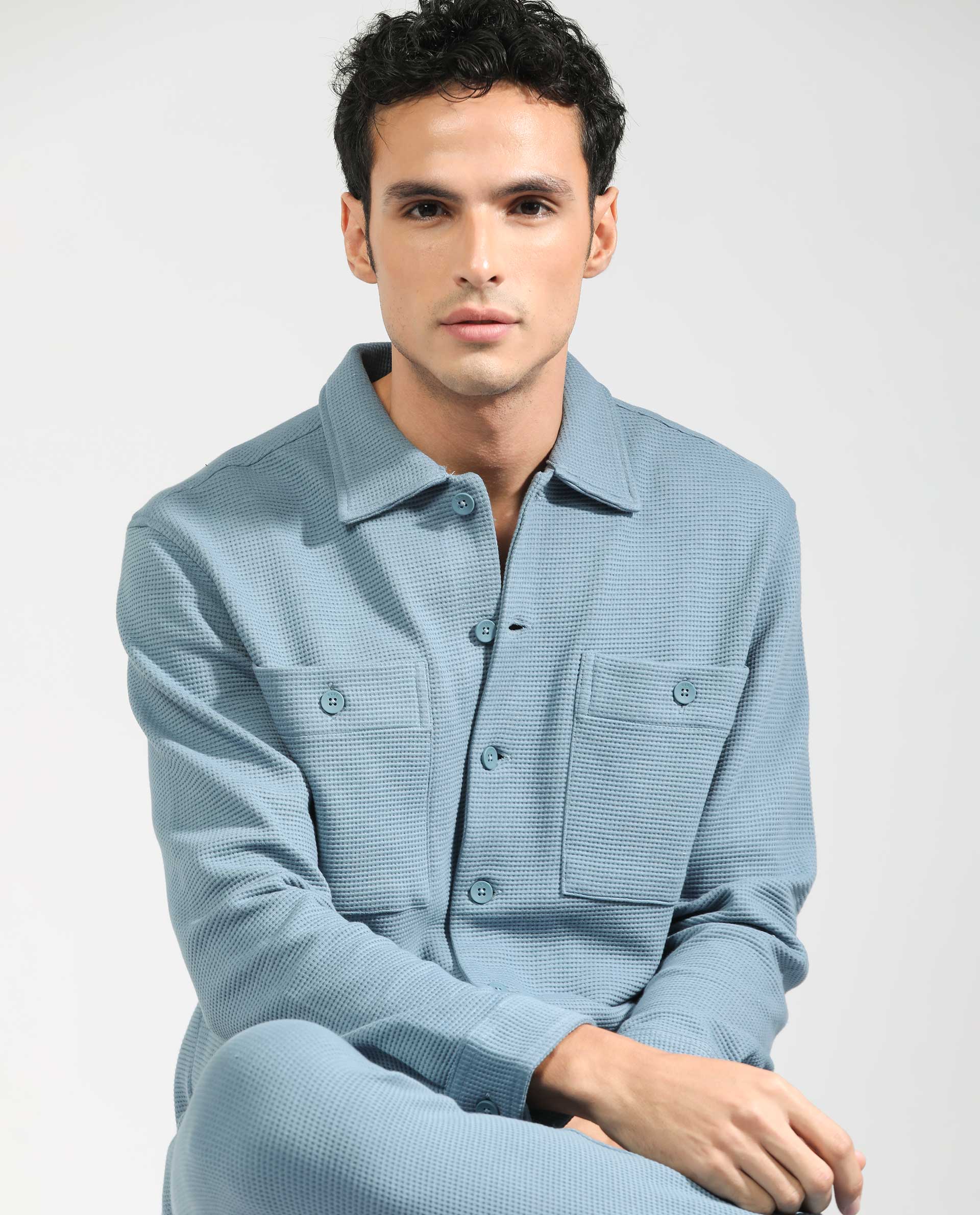 Rare Rabbit Men's Elric Dusky Teal Cotton Textured Regular Fit Full Sleeve Spread Collar Jacket - Image 5