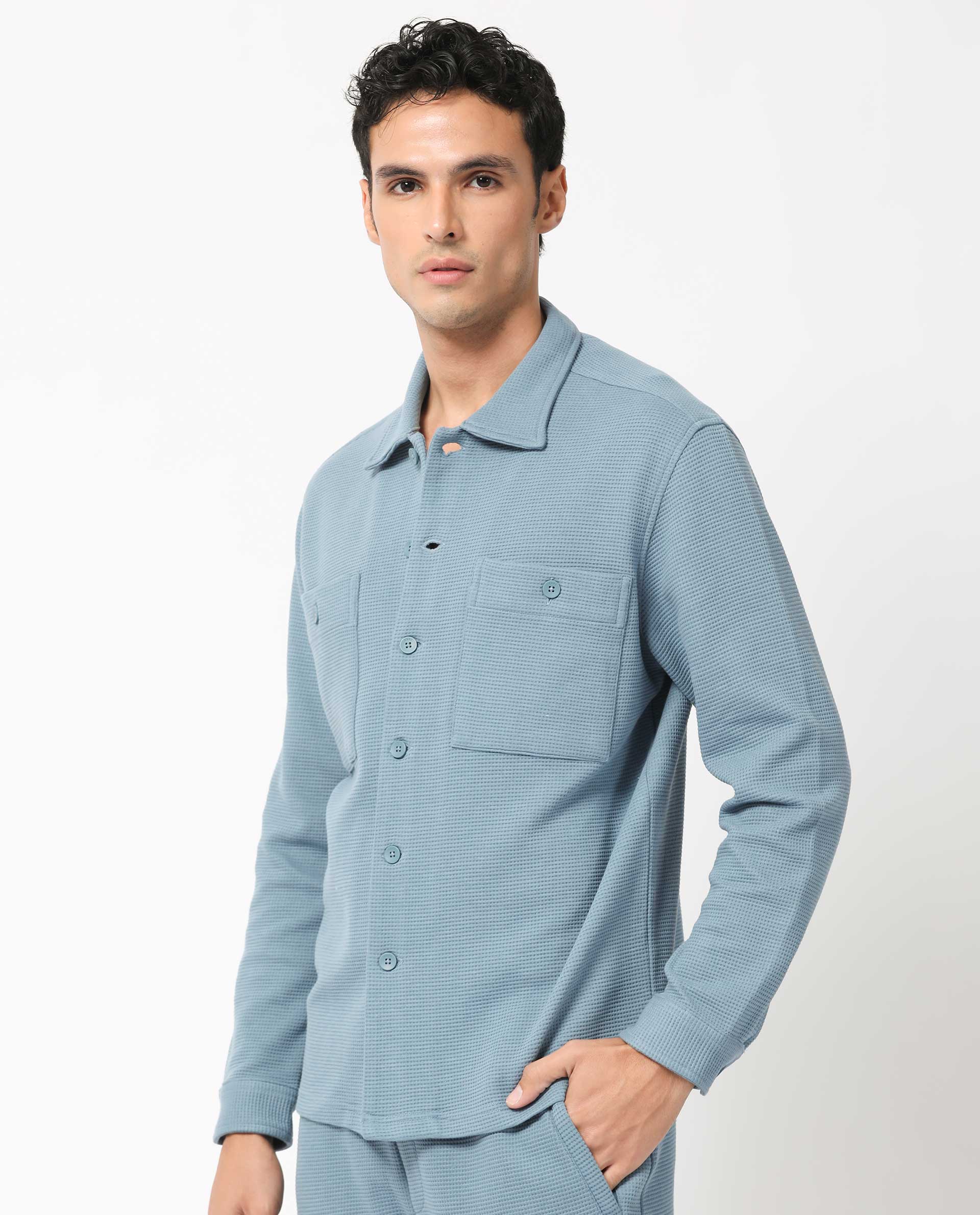 Rare Rabbit Men's Elric Dusky Teal Cotton Textured Regular Fit Full Sleeve Spread Collar Jacket - Image 6