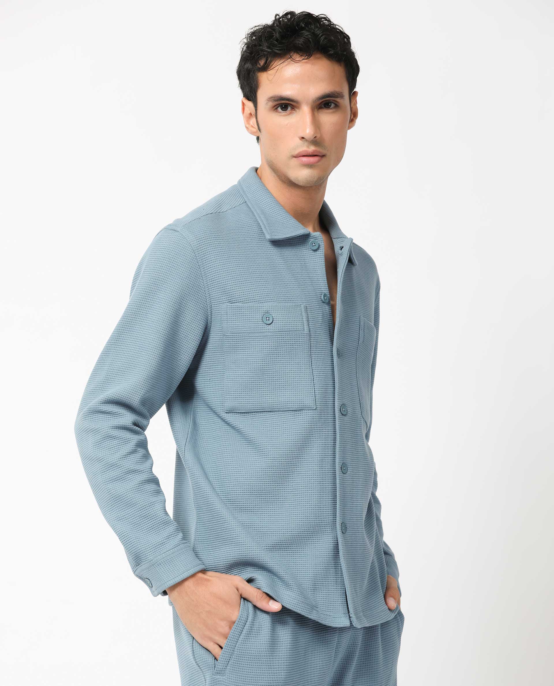 Rare Rabbit Men's Elric Dusky Teal Cotton Textured Regular Fit Full Sleeve Spread Collar Jacket - Image 8