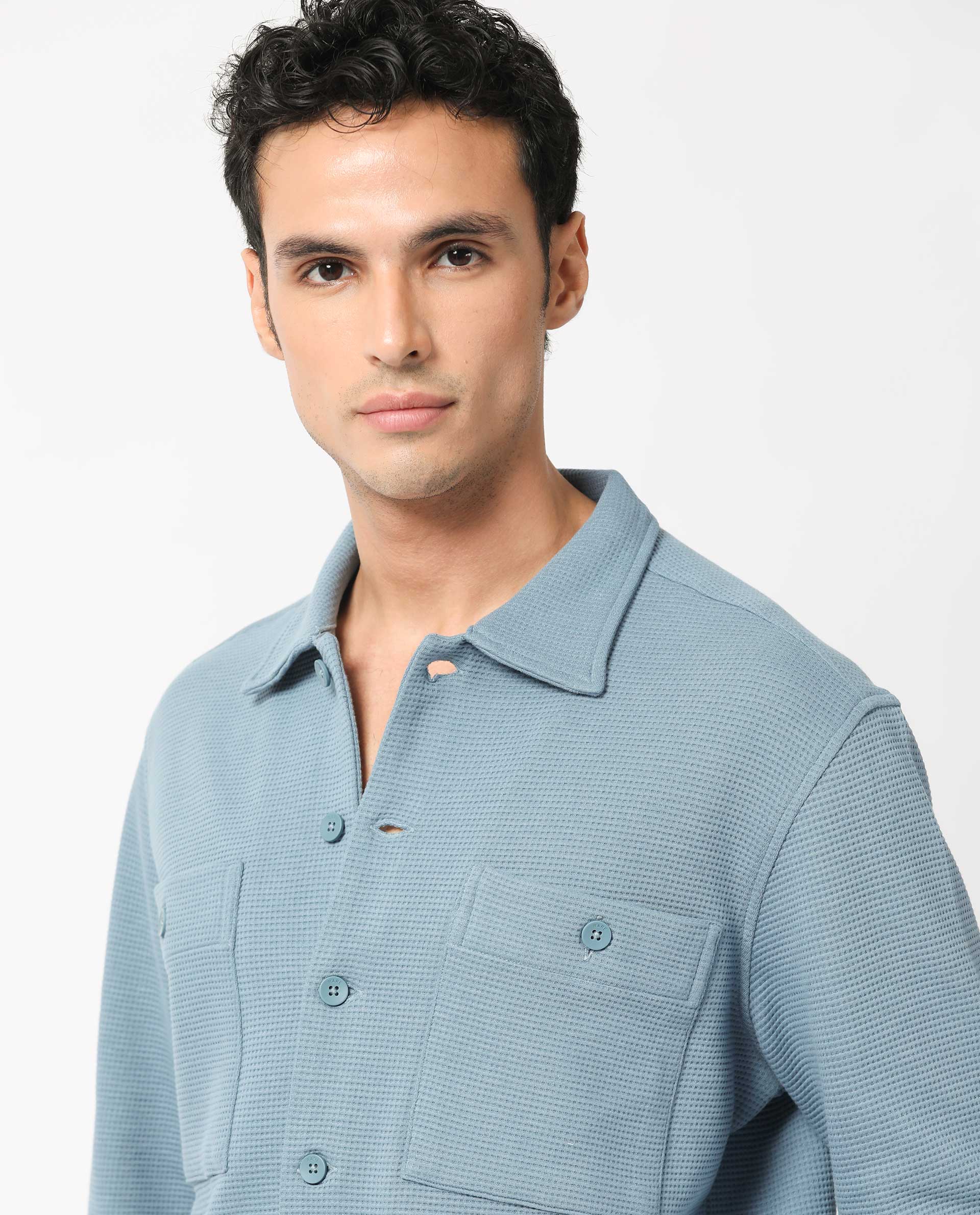 Rare Rabbit Men's Elric Dusky Teal Cotton Textured Regular Fit Full Sleeve Spread Collar Jacket - Image 9