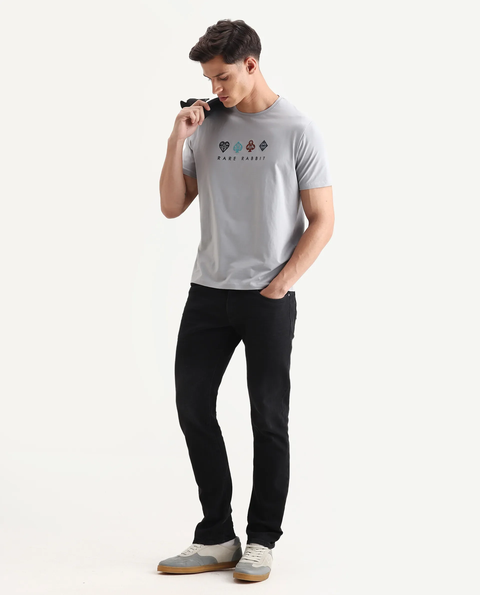 Rare Rabbit Men's Elro Light Grey Cotton Embroidered Regular Fit Half Sleeve Crew Neck T-Shirt - Image 2
