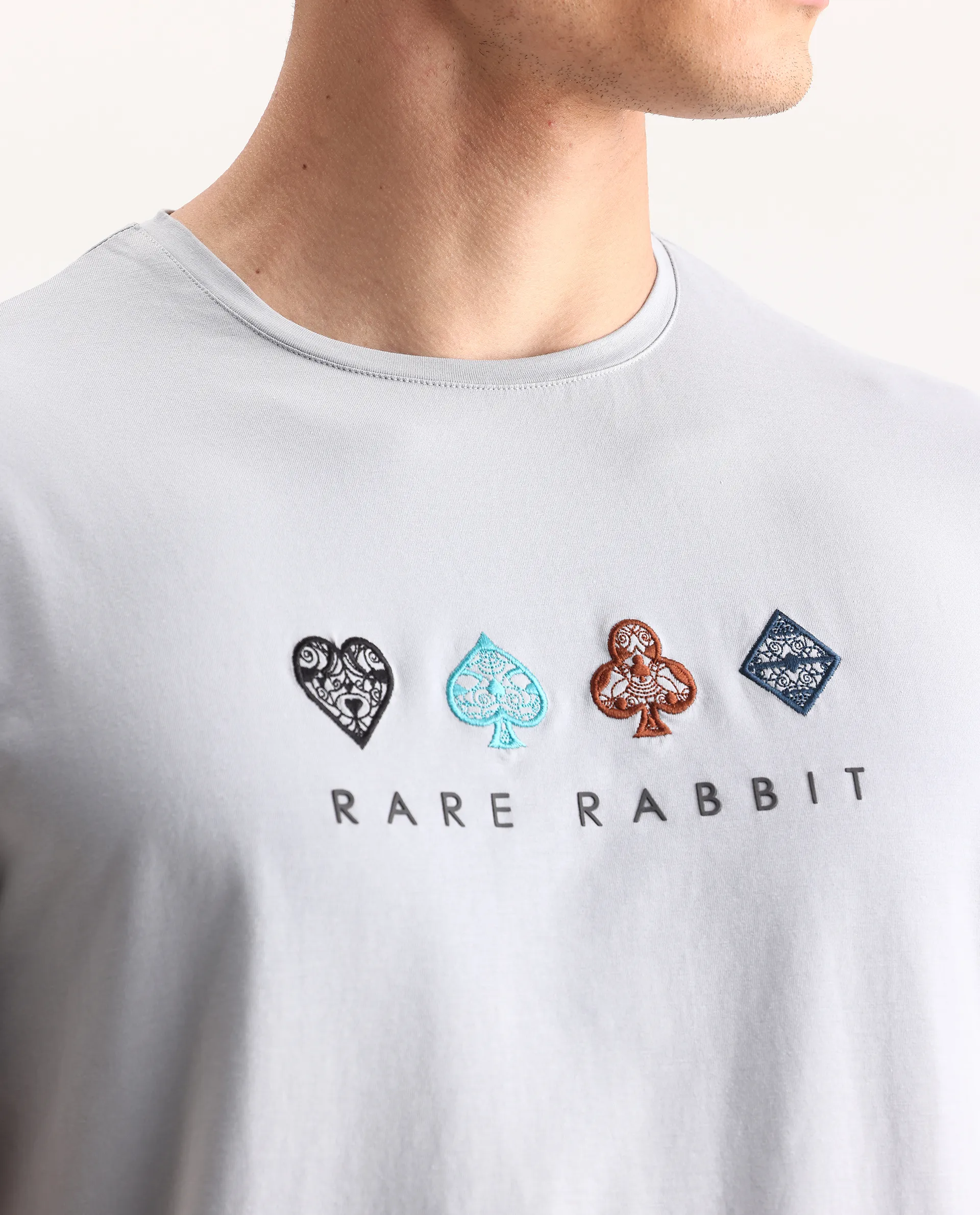 Rare Rabbit Men's Elro Light Grey Cotton Embroidered Regular Fit Half Sleeve Crew Neck T-Shirt - Image 3