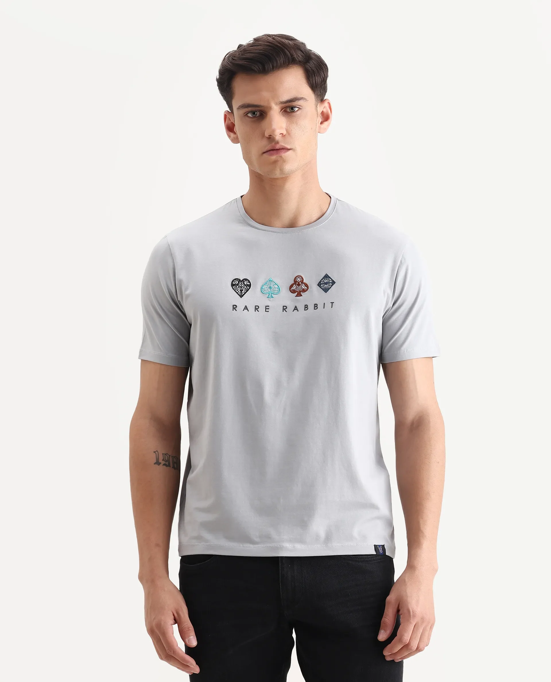 Rare Rabbit Men's Elro Light Grey Cotton Embroidered Regular Fit Half Sleeve Crew Neck T-Shirt - Image 4