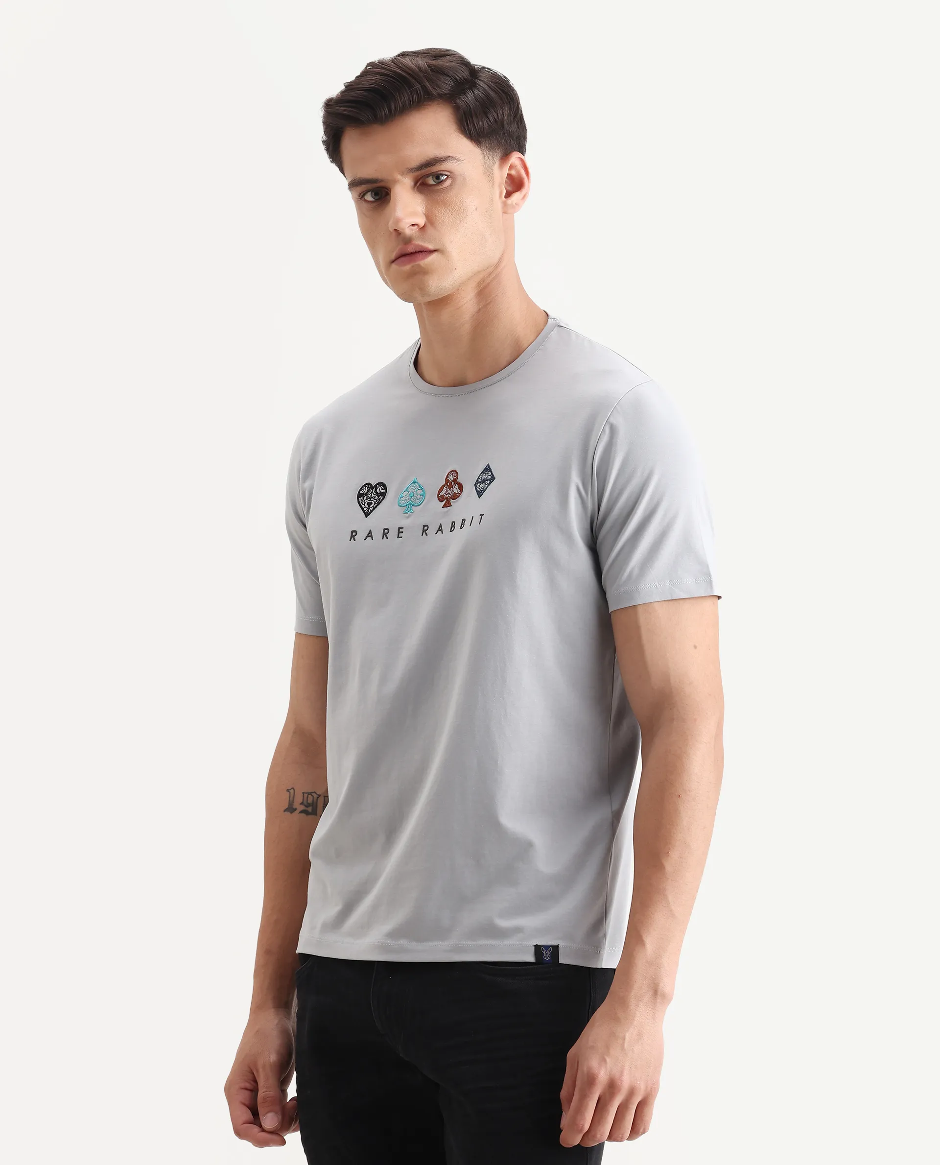 Rare Rabbit Men's Elro Light Grey Cotton Embroidered Regular Fit Half Sleeve Crew Neck T-Shirt - Image 5