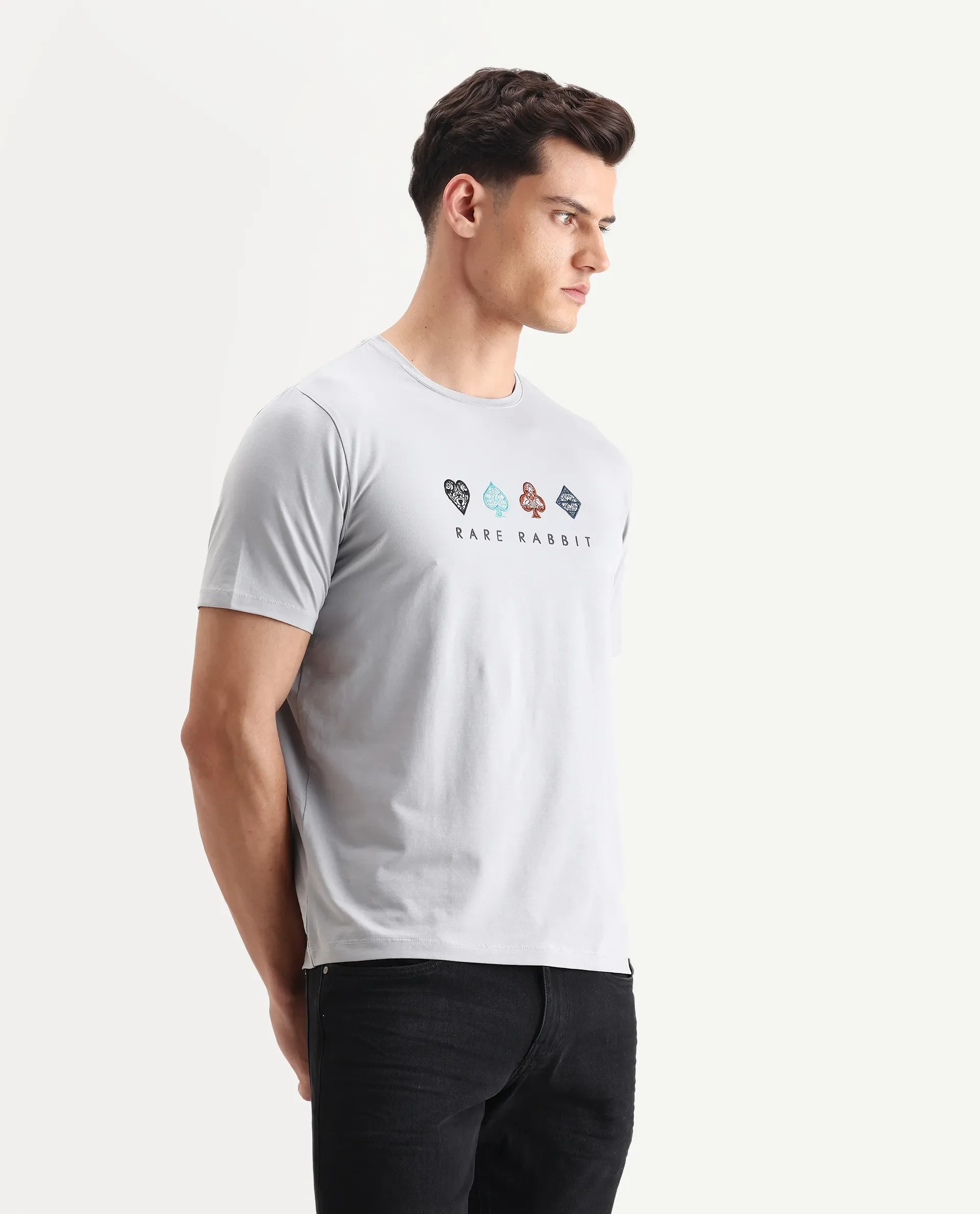 Rare Rabbit Men's Elro Light Grey Cotton Embroidered Regular Fit Half Sleeve Crew Neck T-Shirt - Image 6