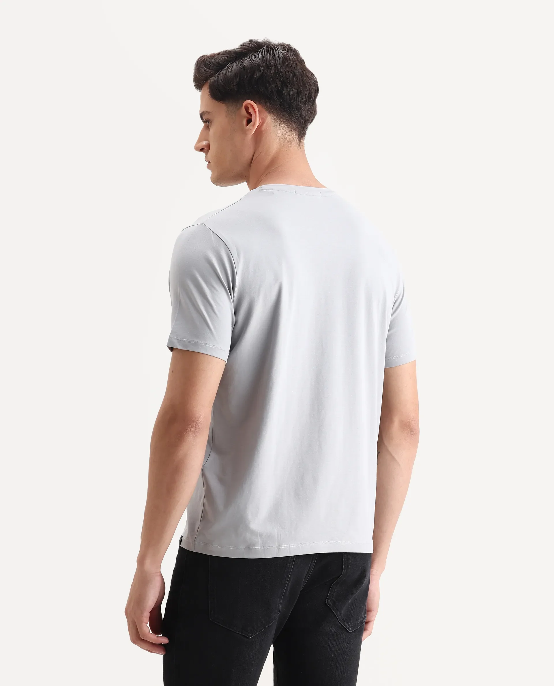 Rare Rabbit Men's Elro Light Grey Cotton Embroidered Regular Fit Half Sleeve Crew Neck T-Shirt - Image 7