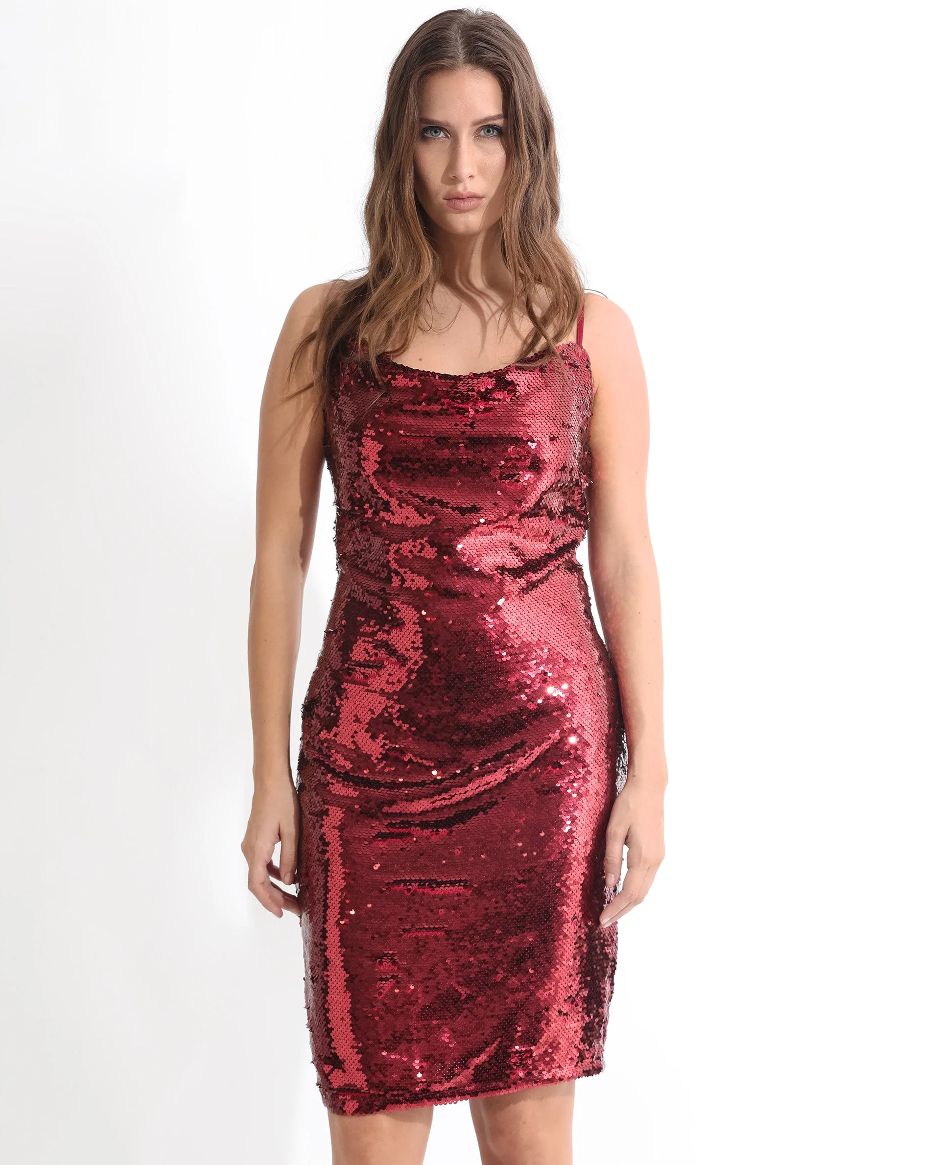 Rareism Women's Elsa Sheen Red Polyester Cowl Neck Sequined Shoulder Strap Knee Length Regular Fit Dress