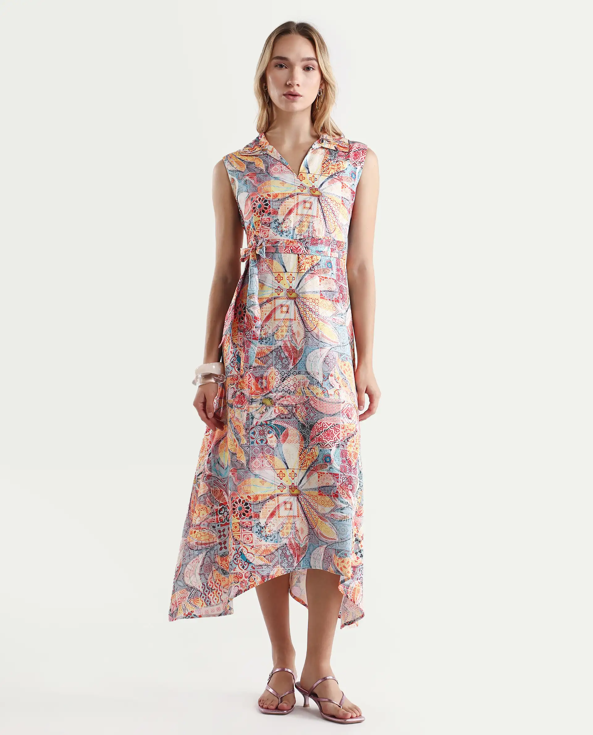 Rareism Women's Elsal Light Multi Cotton Blend Drop Collar Floral Print Sleeveless Midi Asymmetric Dress - Image 2