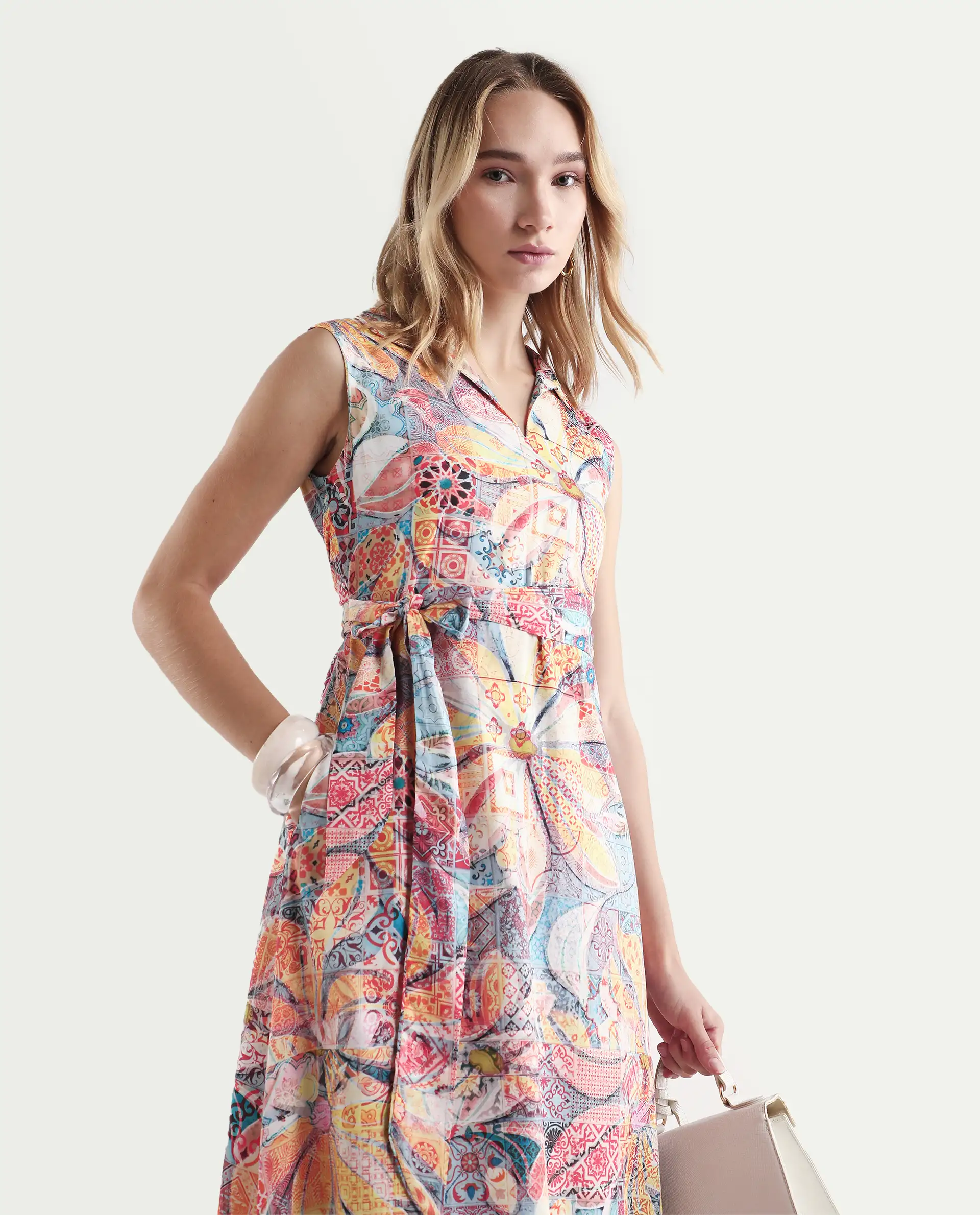 Rareism Women's Elsal Light Multi Cotton Blend Drop Collar Floral Print Sleeveless Midi Asymmetric Dress - Image 3