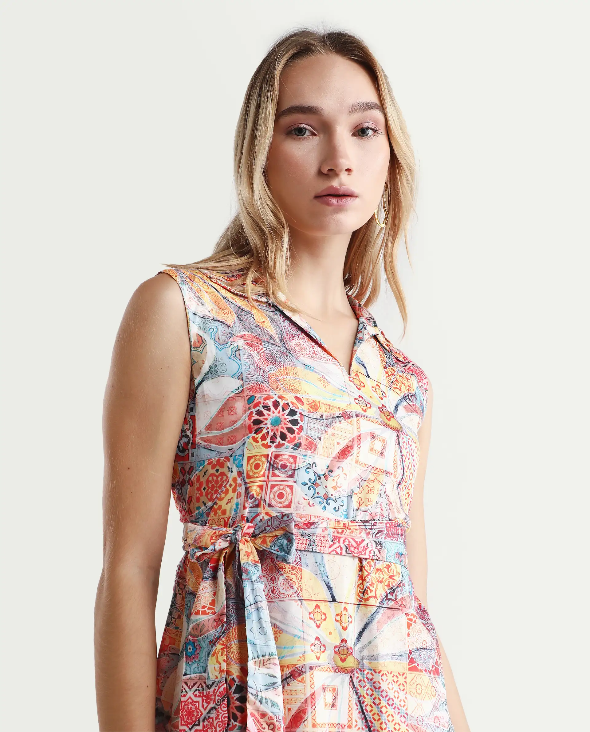 Rareism Women's Elsal Light Multi Cotton Blend Drop Collar Floral Print Sleeveless Midi Asymmetric Dress - Image 4