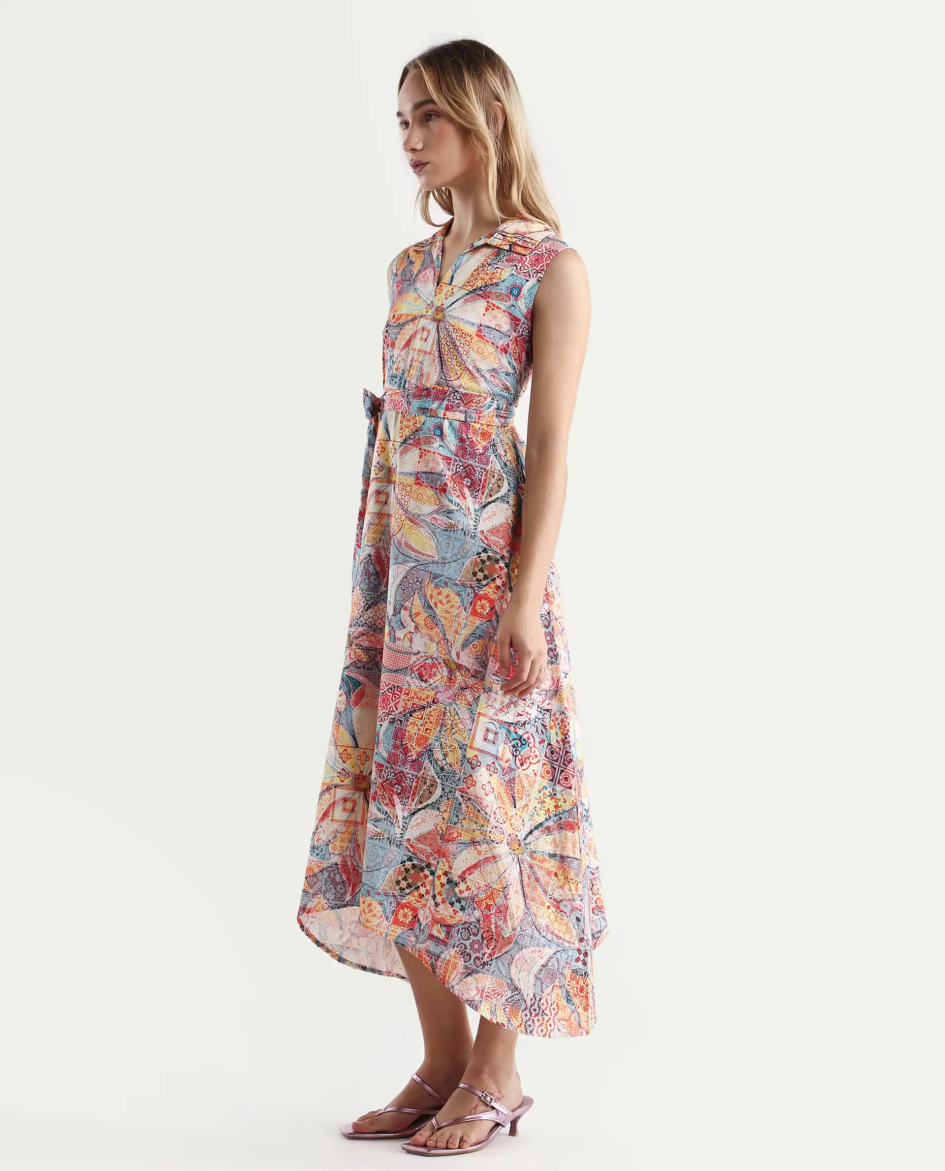 Rareism Women's Elsal Light Multi Cotton Blend Drop Collar Floral Print Sleeveless Midi Asymmetric Dress - Image 5