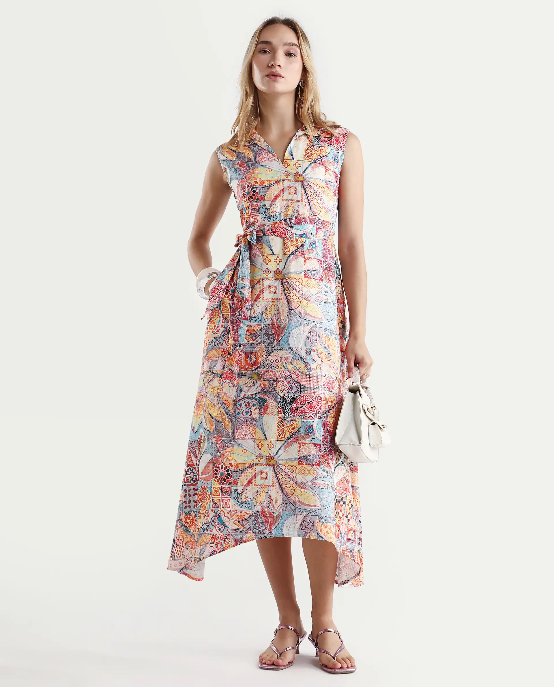 Rareism Women's Elsal Light Multi Cotton Blend Drop Collar Floral Print Sleeveless Midi Asymmetric Dress - Image 6