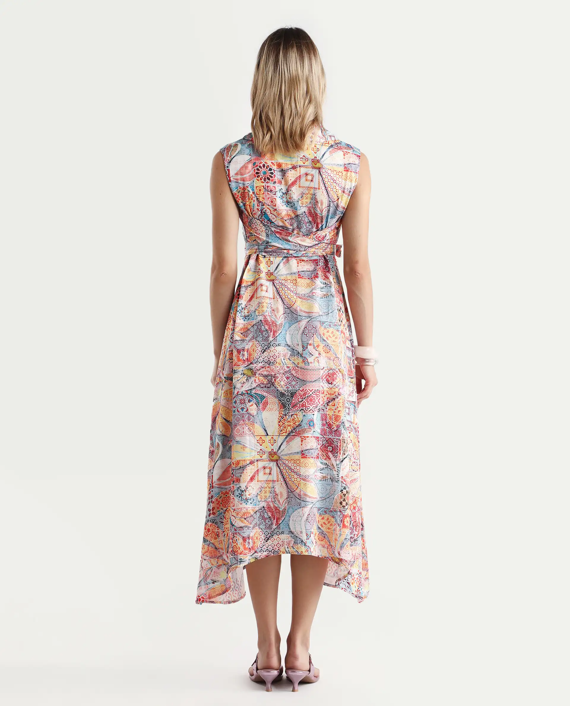 Rareism Women's Elsal Light Multi Cotton Blend Drop Collar Floral Print Sleeveless Midi Asymmetric Dress - Image 7