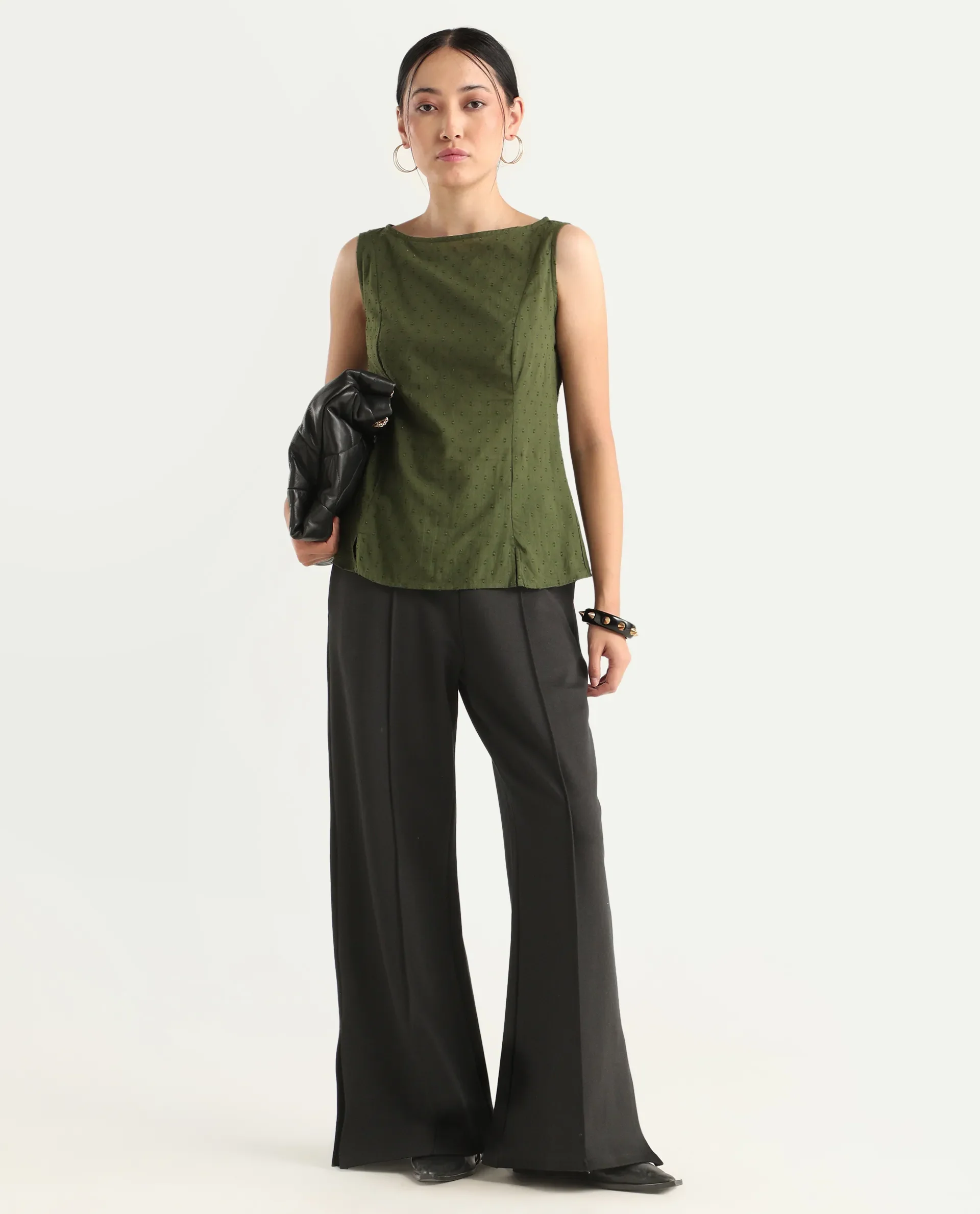 Rareism Women's Elsha Olive Cotton Blend Boat Neck Regular Fit Plain Top - Image 2