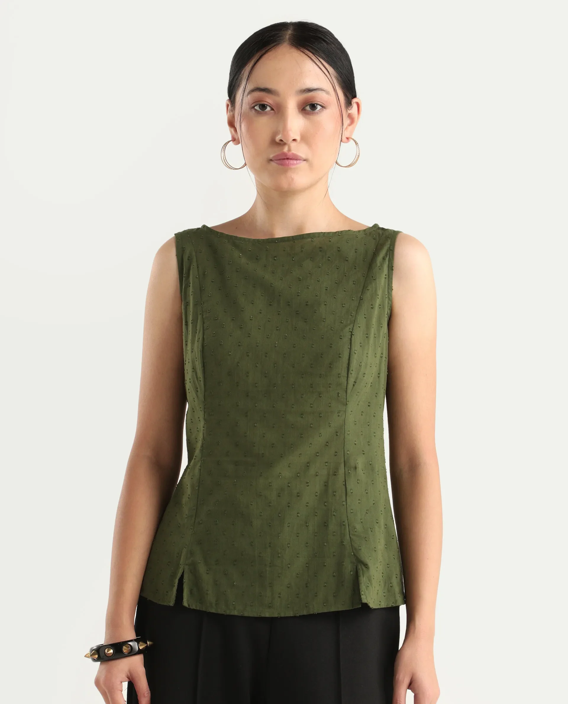 Rareism Women's Elsha Olive Cotton Blend Boat Neck Regular Fit Plain Top - Image 3