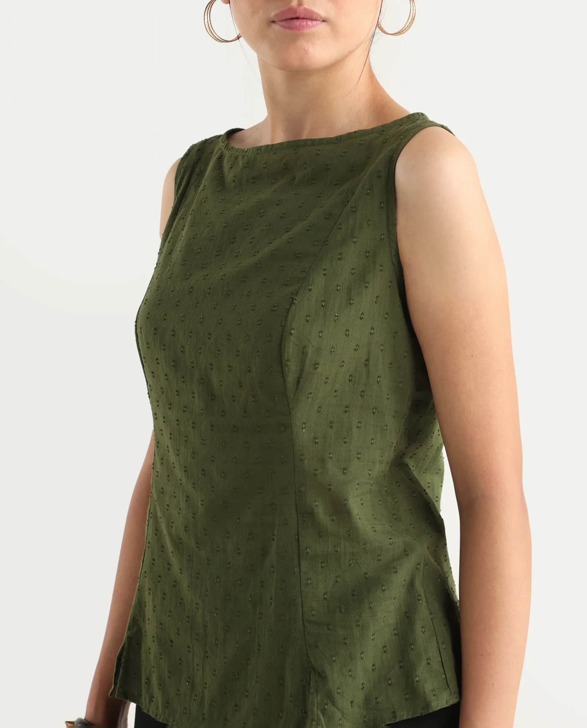 Rareism Women's Elsha Olive Cotton Blend Boat Neck Regular Fit Plain Top - Image 4