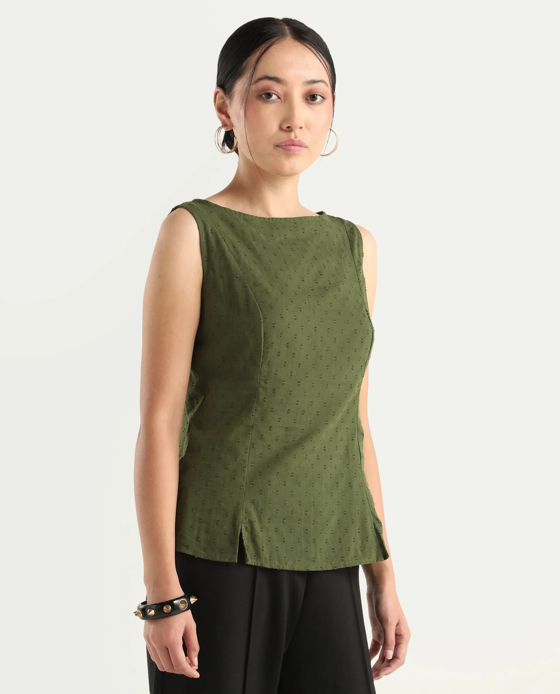 Rareism Women's Elsha Olive Cotton Blend Boat Neck Regular Fit Plain Top - Image 5