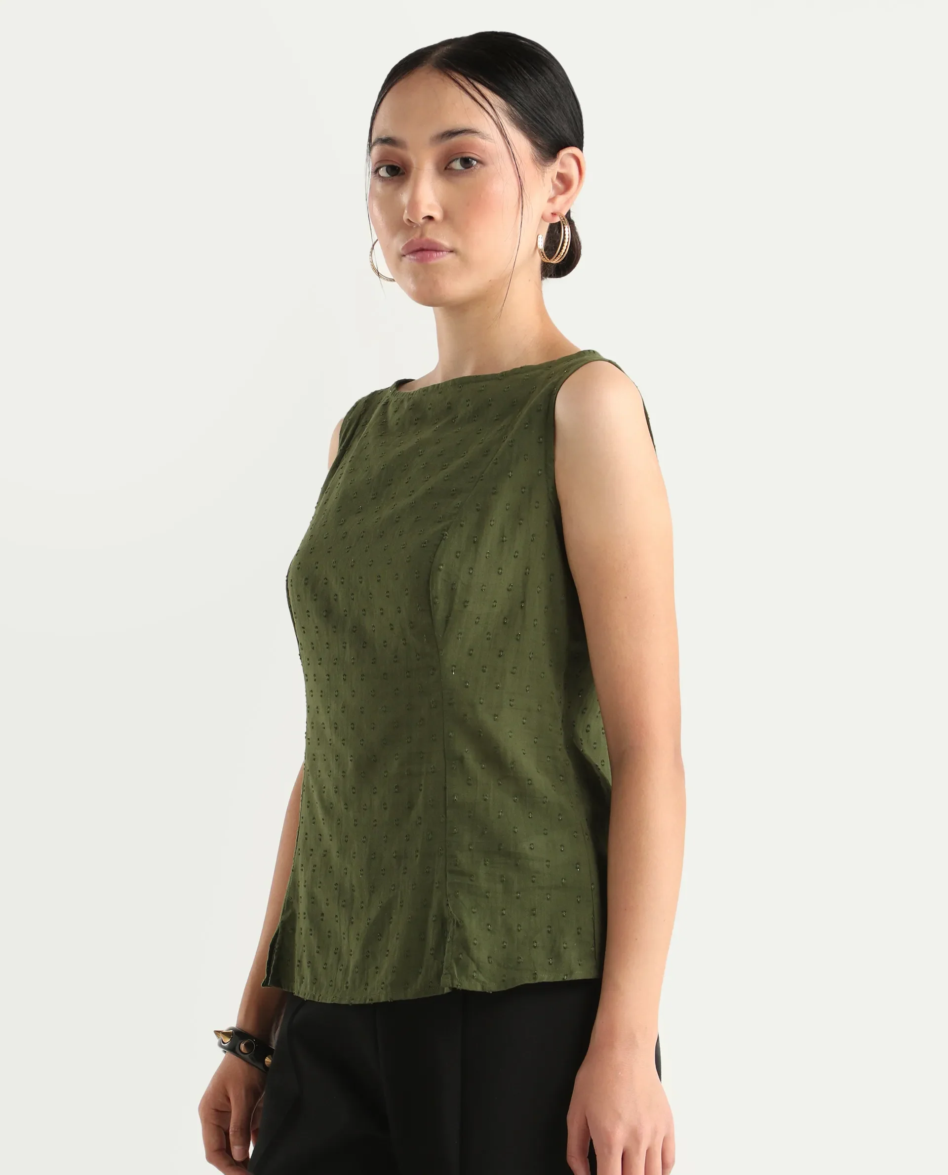 Rareism Women's Elsha Olive Cotton Blend Boat Neck Regular Fit Plain Top - Image 6