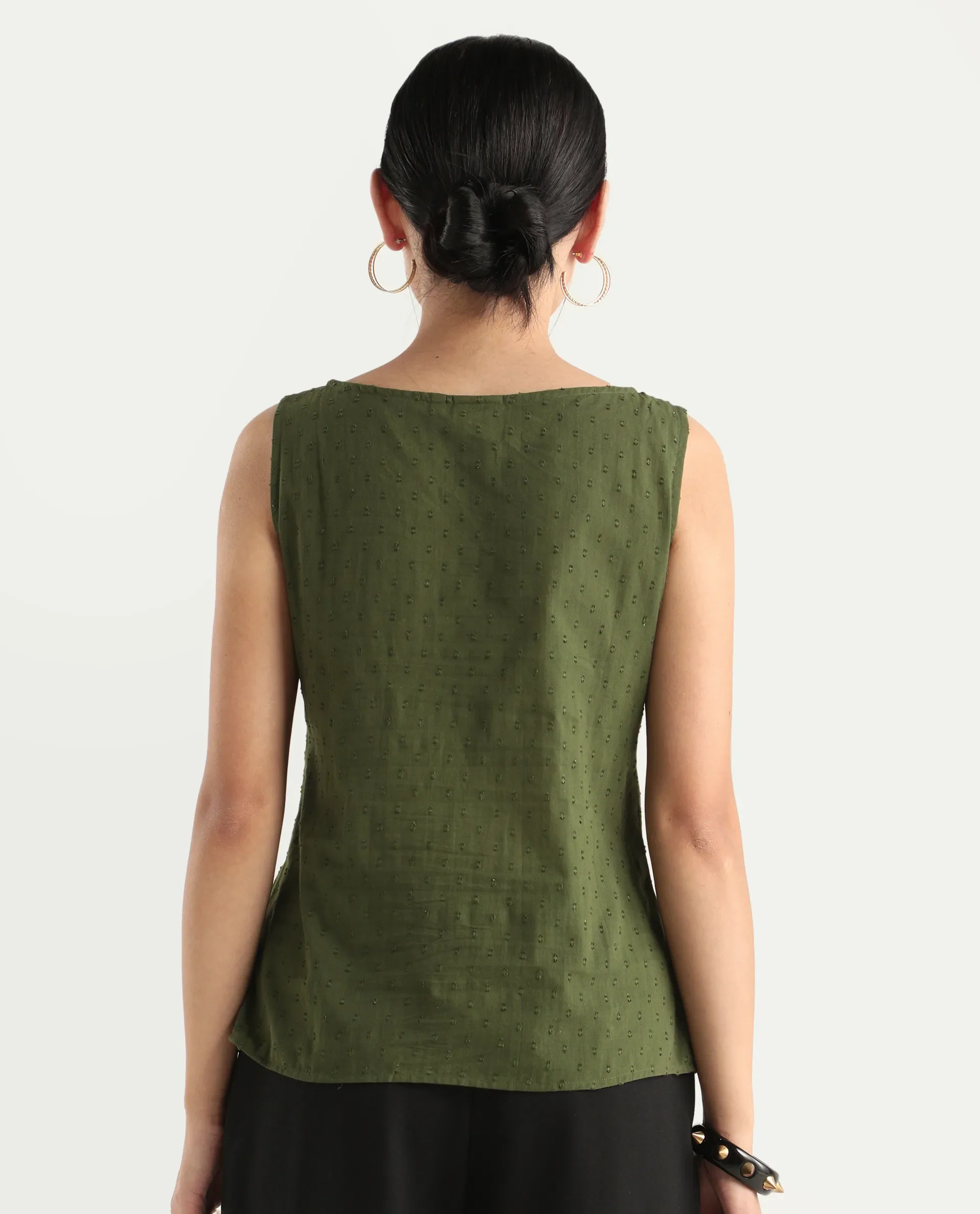 Rareism Women's Elsha Olive Cotton Blend Boat Neck Regular Fit Plain Top - Image 7
