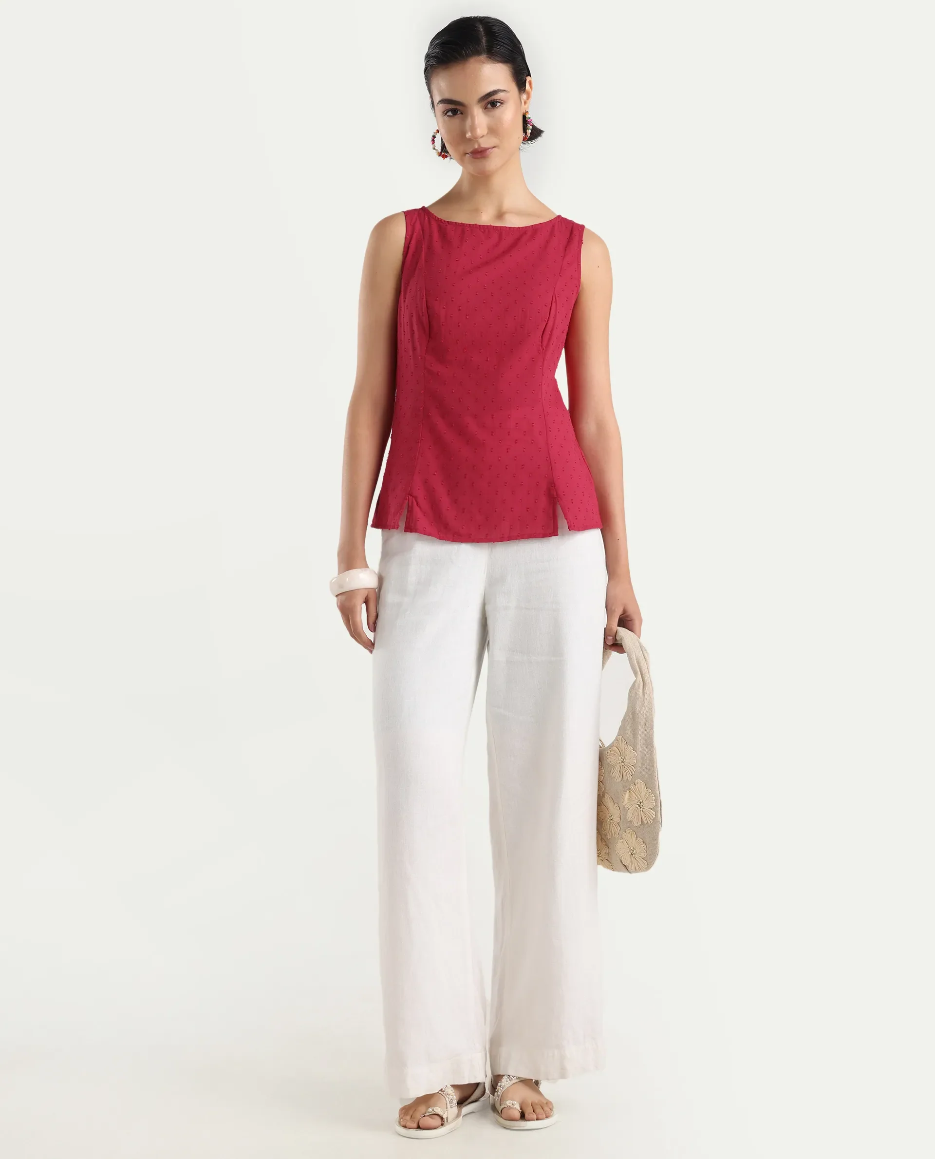 Rareism Women's Elsha Red Cotton Blend Boat Neck Regular Fit Plain Top - Image 2
