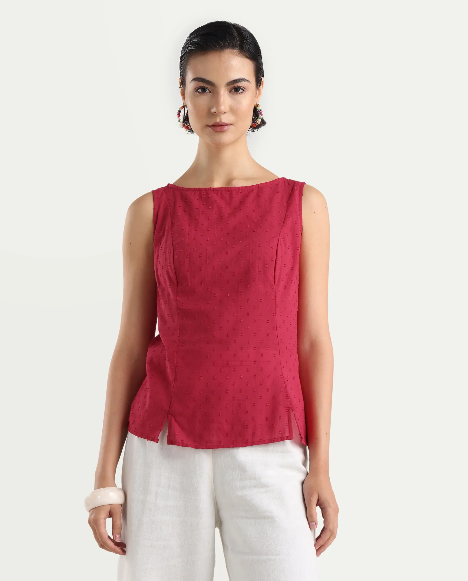 Rareism Women's Elsha Red Cotton Blend Boat Neck Regular Fit Plain Top - Image 3