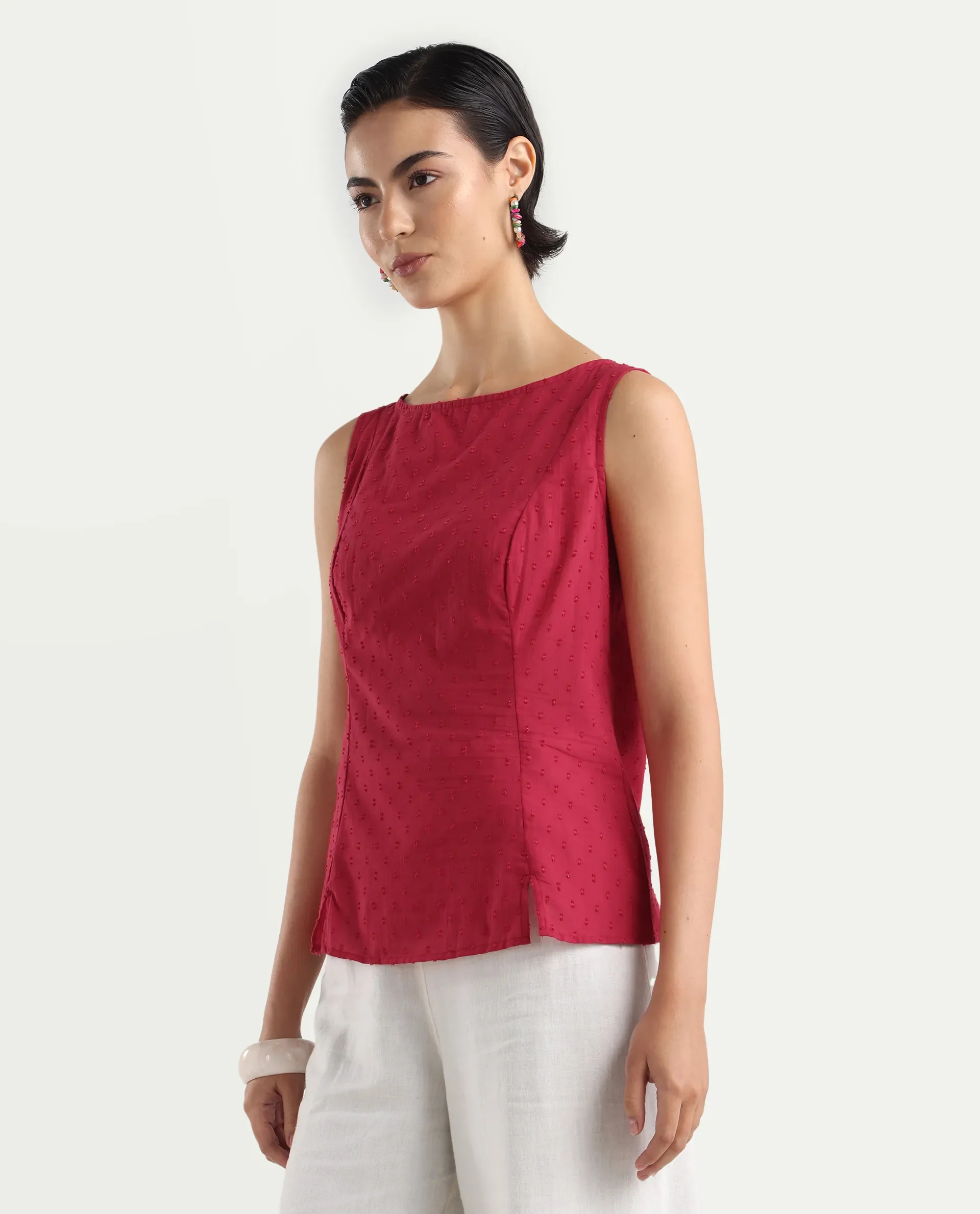 Rareism Women's Elsha Red Cotton Blend Boat Neck Regular Fit Plain Top - Image 5
