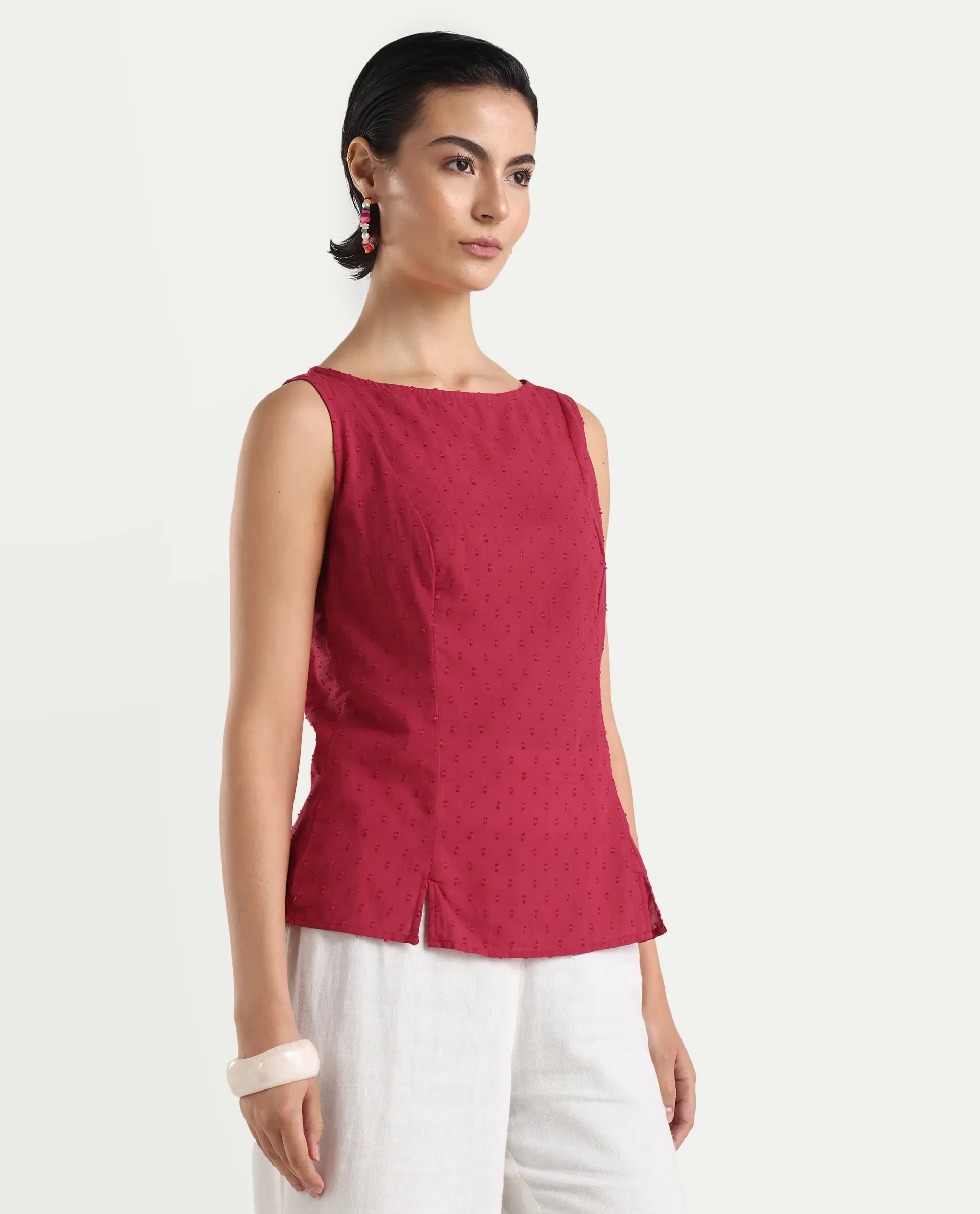Rareism Women's Elsha Red Cotton Blend Boat Neck Regular Fit Plain Top - Image 6