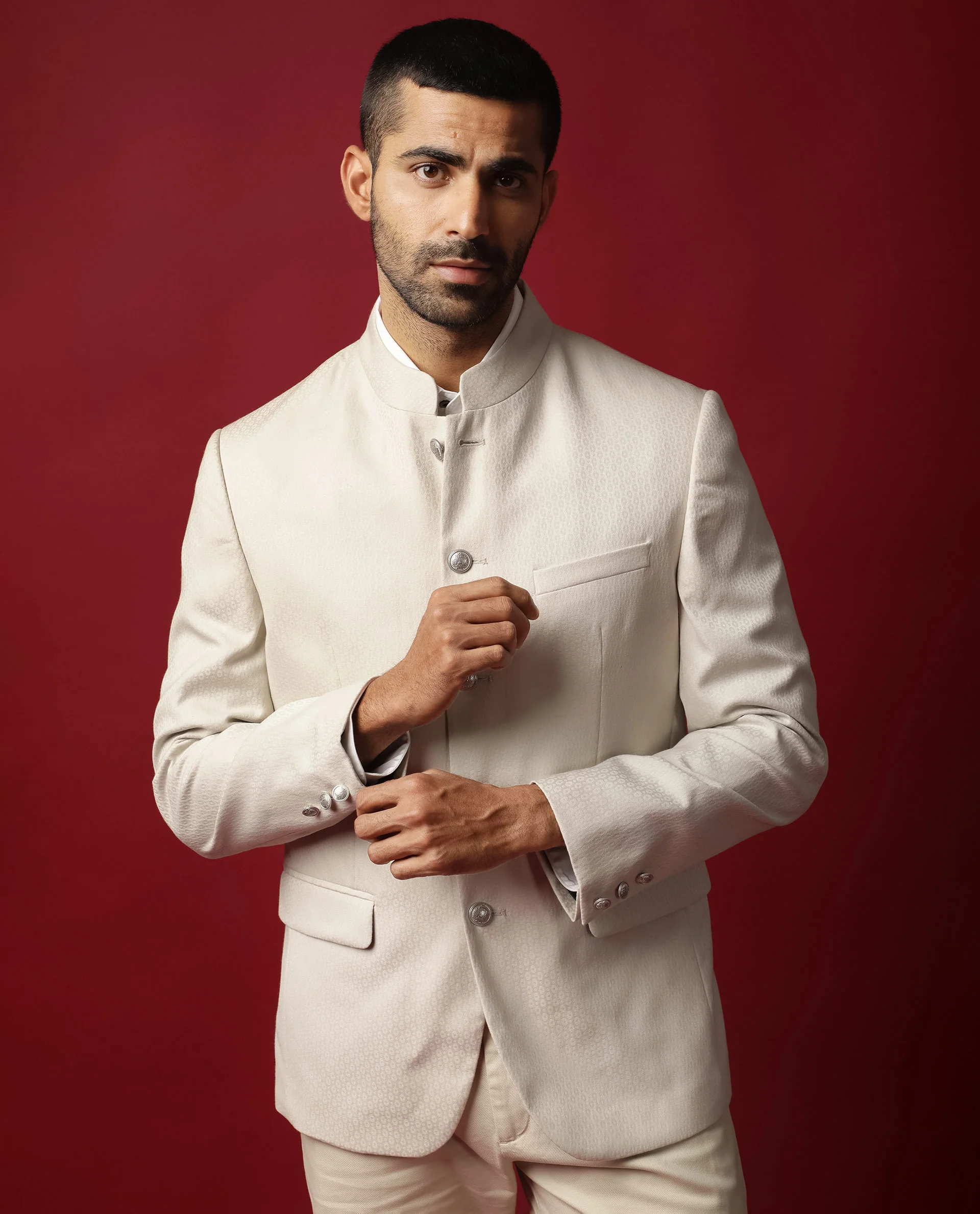 Rare Rabbit Men's Elsie Beige Polyester Jacquard Tailored Fit Full Sleeve Mandarin Collar Bandhgala Jodhpuri