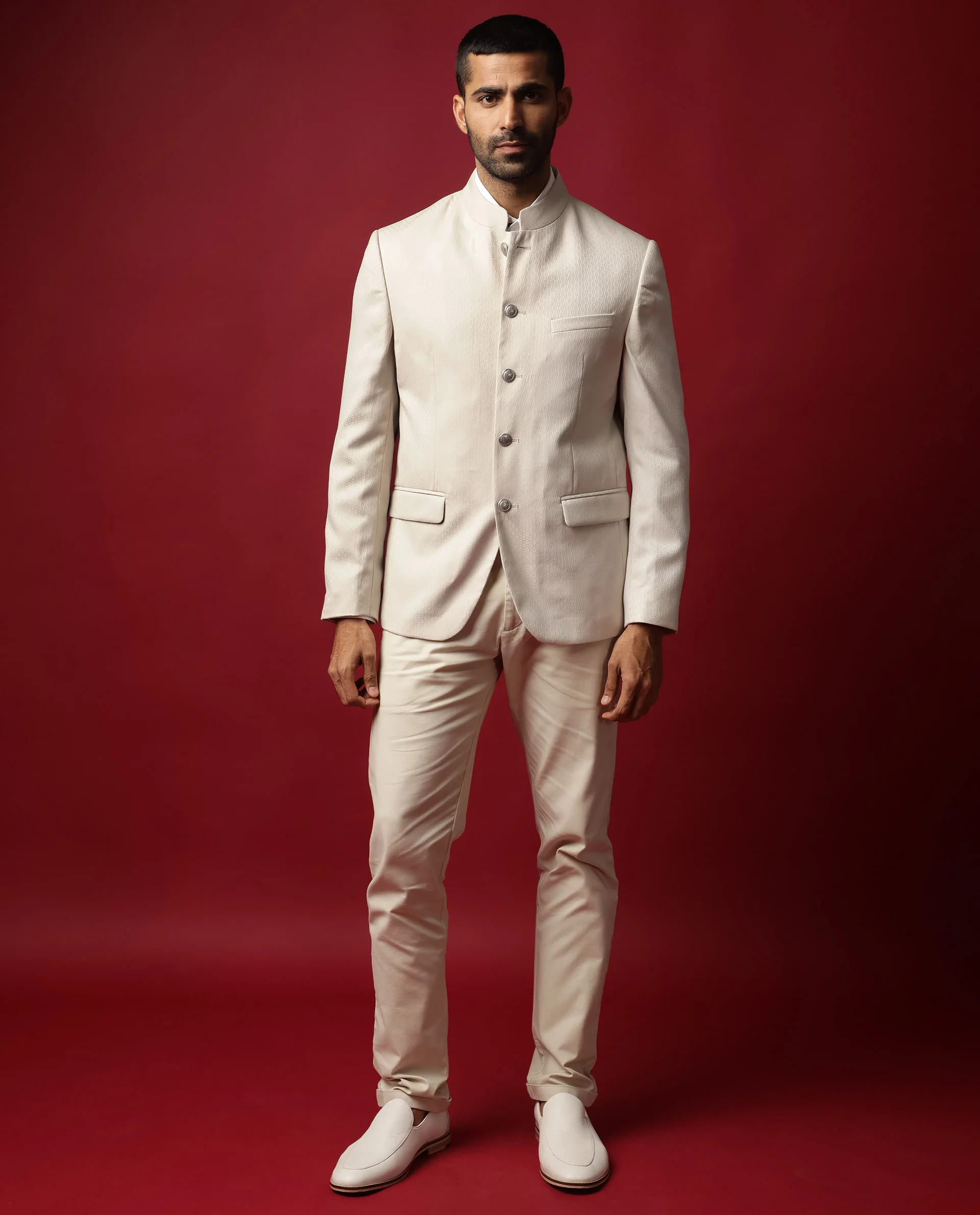 Rare Rabbit Men's Elsie Beige Polyester Jacquard Tailored Fit Full Sleeve Mandarin Collar Bandhgala Jodhpuri - Image 2