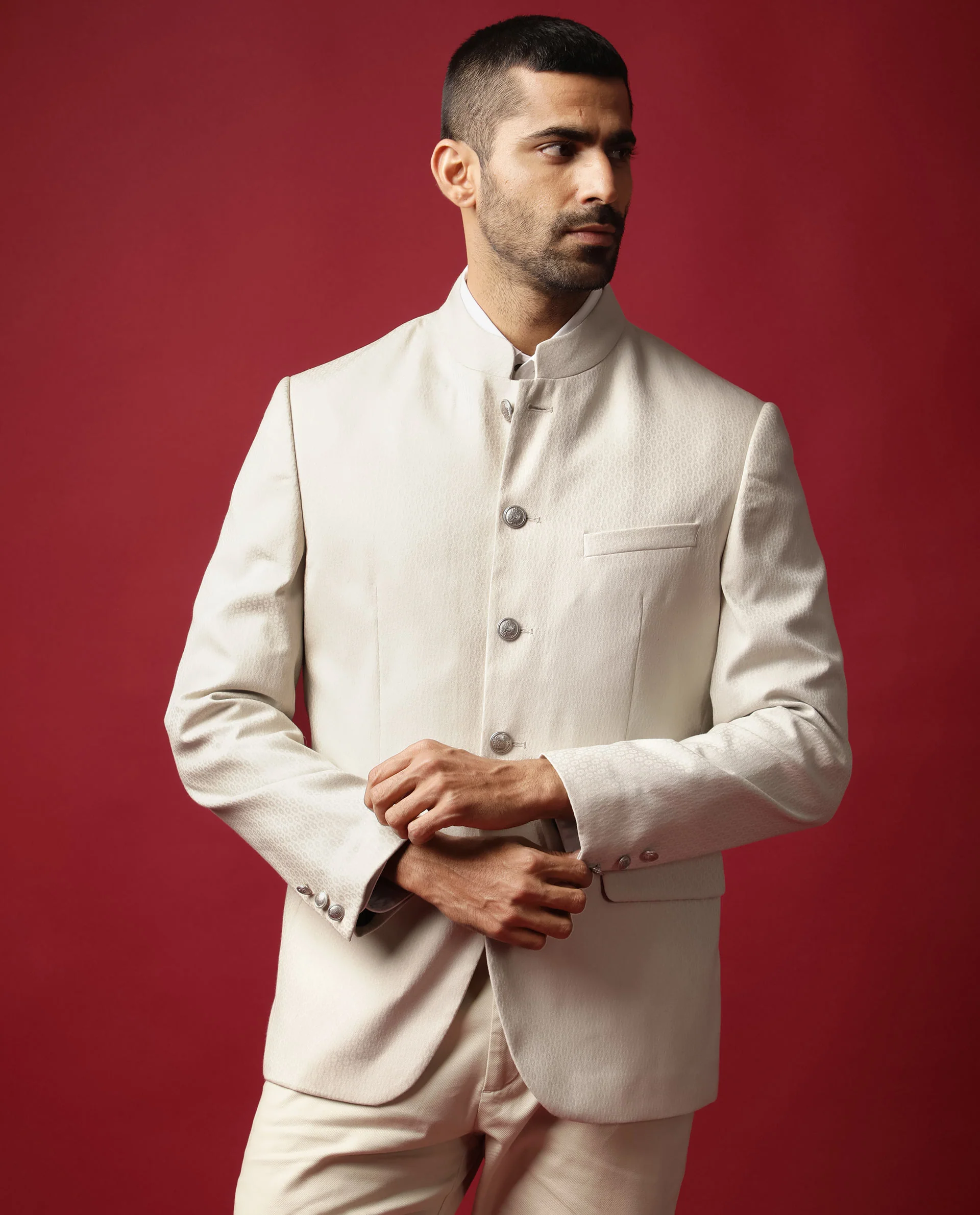 Rare Rabbit Men's Elsie Beige Polyester Jacquard Tailored Fit Full Sleeve Mandarin Collar Bandhgala Jodhpuri - Image 3