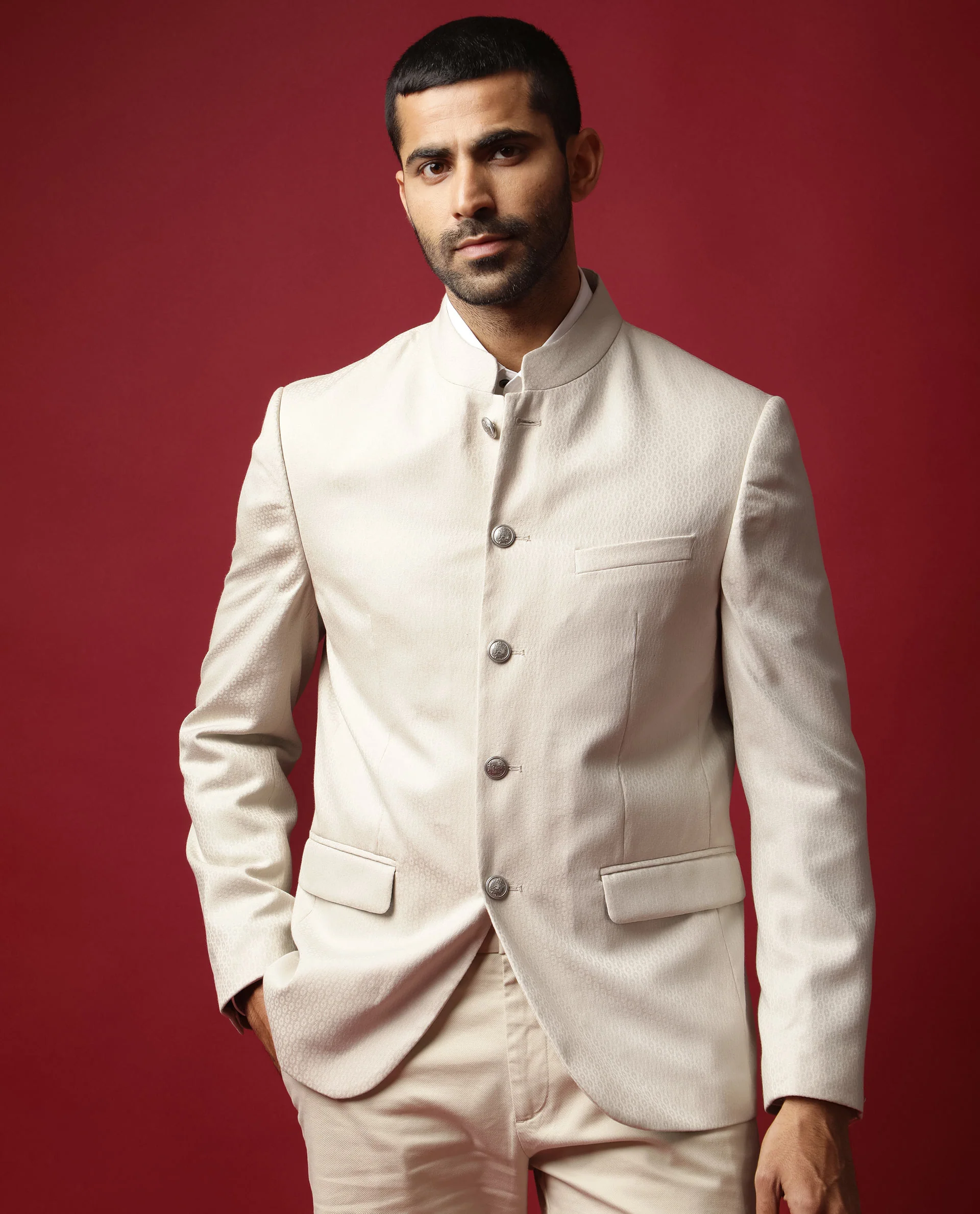 Rare Rabbit Men's Elsie Beige Polyester Jacquard Tailored Fit Full Sleeve Mandarin Collar Bandhgala Jodhpuri - Image 4