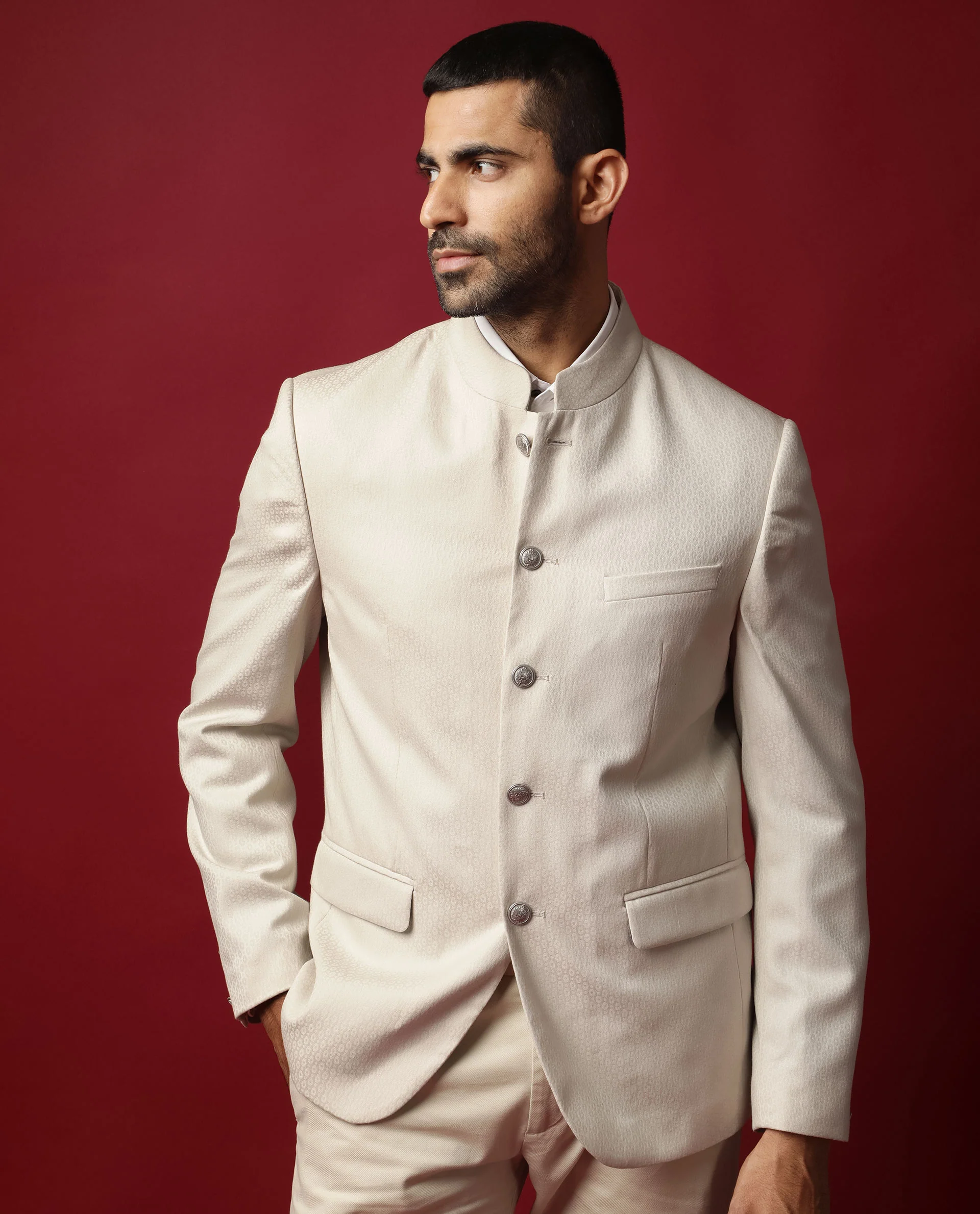 Rare Rabbit Men's Elsie Beige Polyester Jacquard Tailored Fit Full Sleeve Mandarin Collar Bandhgala Jodhpuri - Image 5