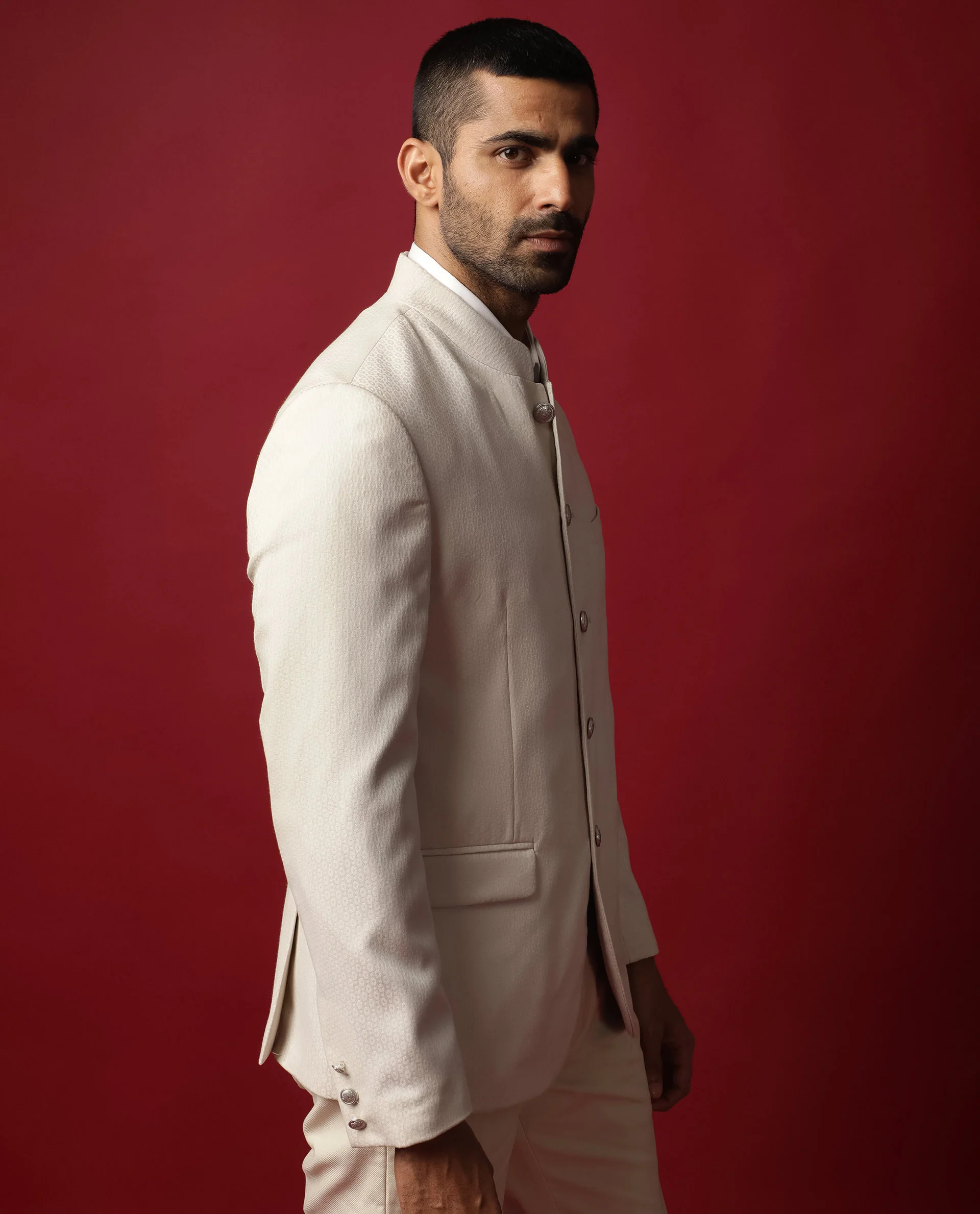 Rare Rabbit Men's Elsie Beige Polyester Jacquard Tailored Fit Full Sleeve Mandarin Collar Bandhgala Jodhpuri - Image 6