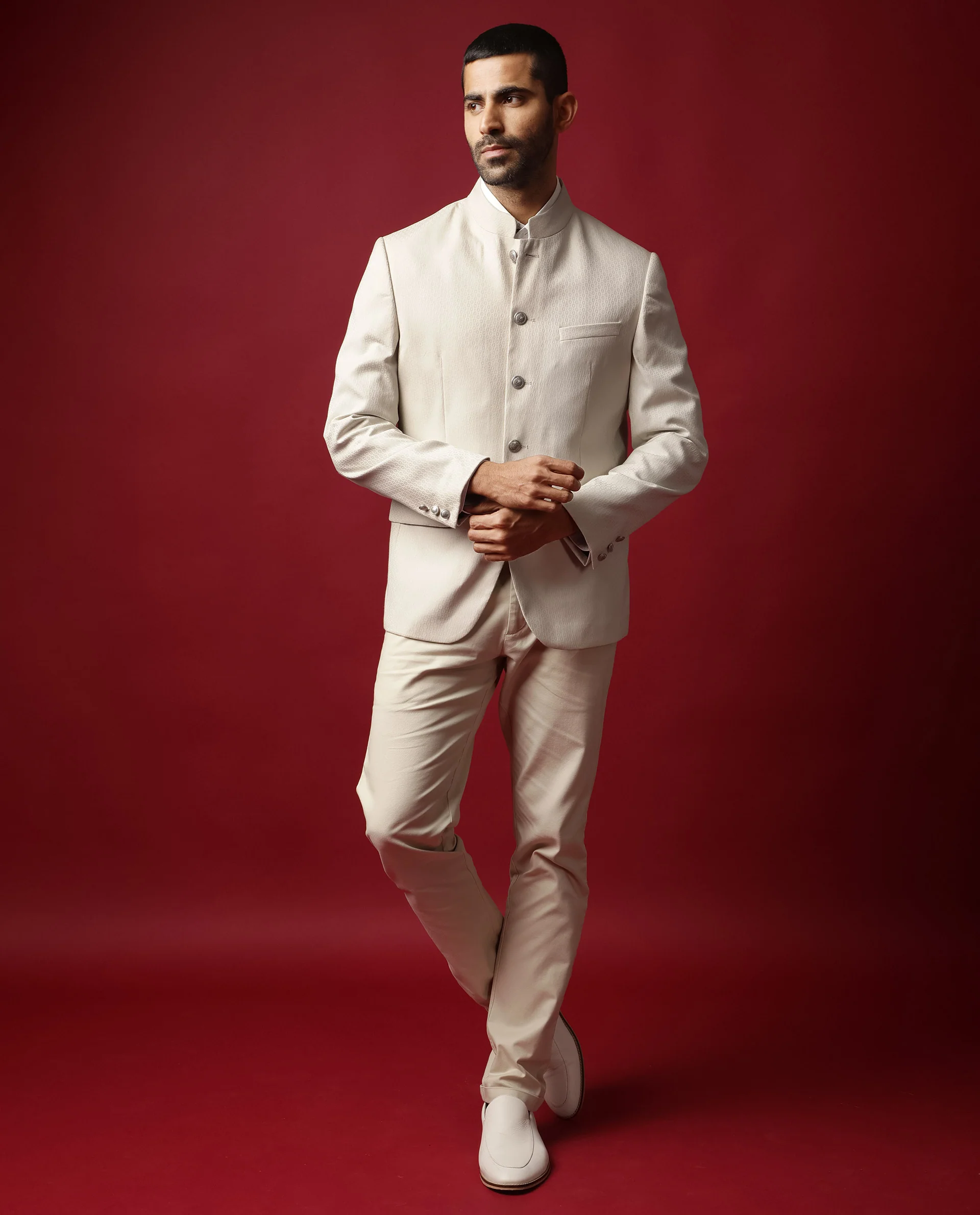 Rare Rabbit Men's Elsie Beige Polyester Jacquard Tailored Fit Full Sleeve Mandarin Collar Bandhgala Jodhpuri - Image 7