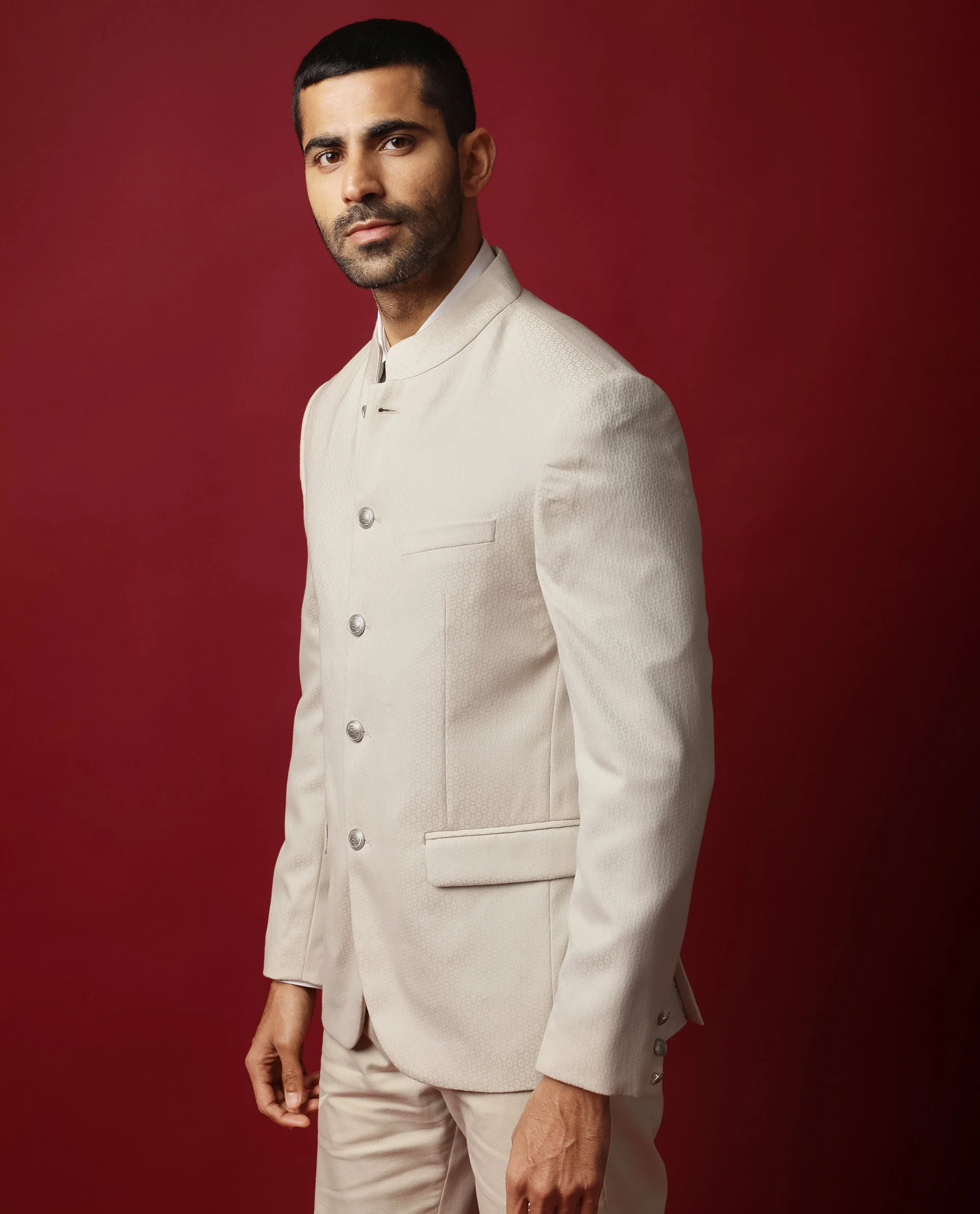 Rare Rabbit Men's Elsie Beige Polyester Jacquard Tailored Fit Full Sleeve Mandarin Collar Bandhgala Jodhpuri - Image 9
