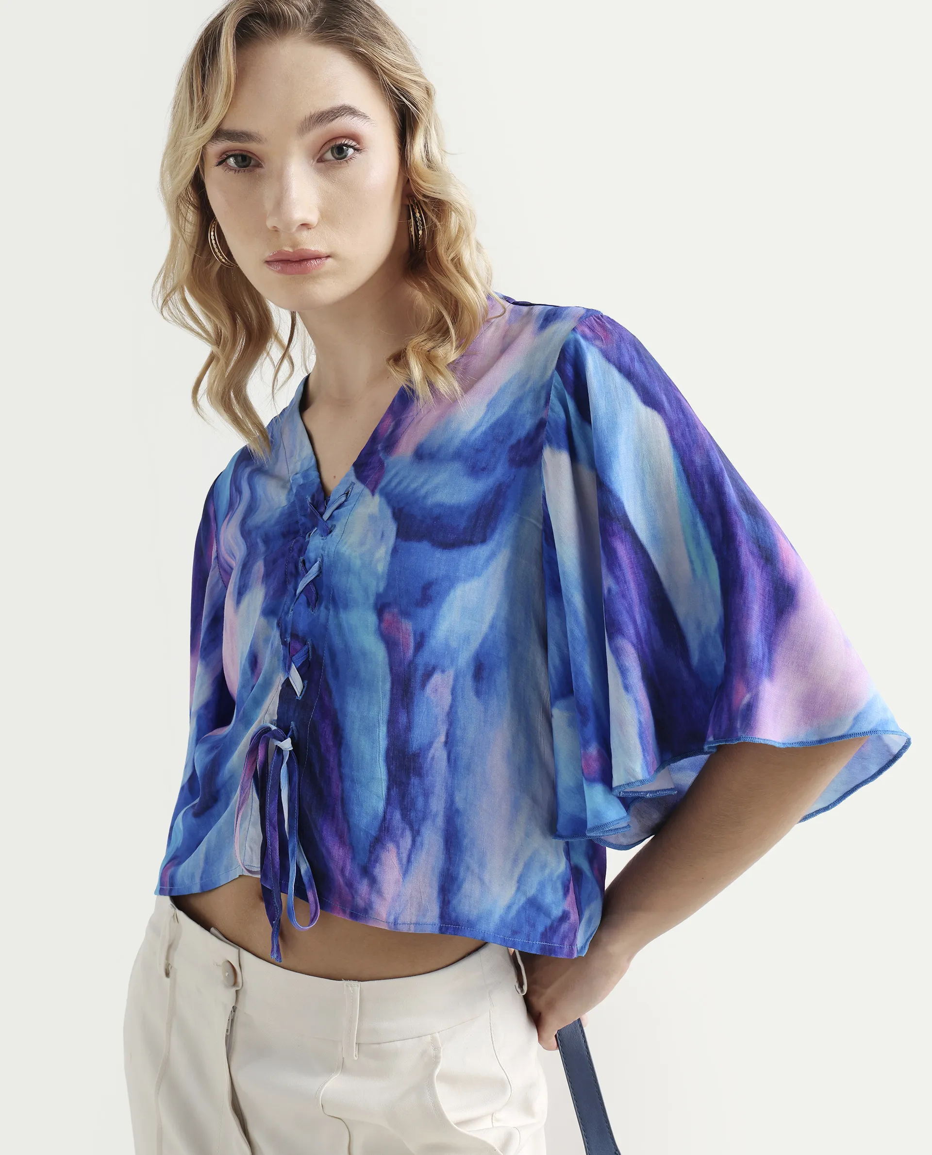 Rareism Women's Eltop Blue Polyester V-Neck Abstract Print Flared Sleeve Crop Relaxed Fit Top