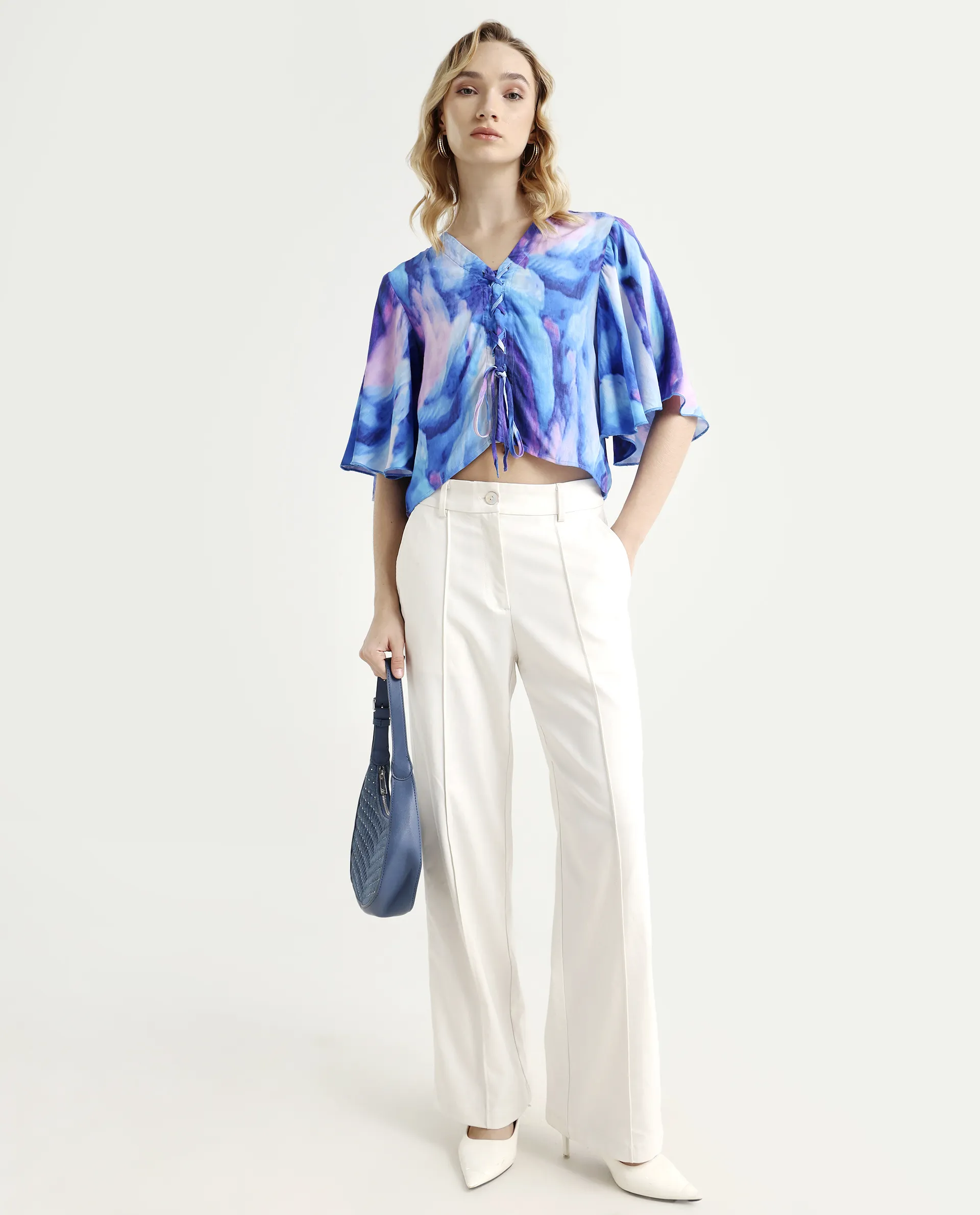 Rareism Women's Eltop Blue Polyester V-Neck Abstract Print Flared Sleeve Crop Relaxed Fit Top - Image 2