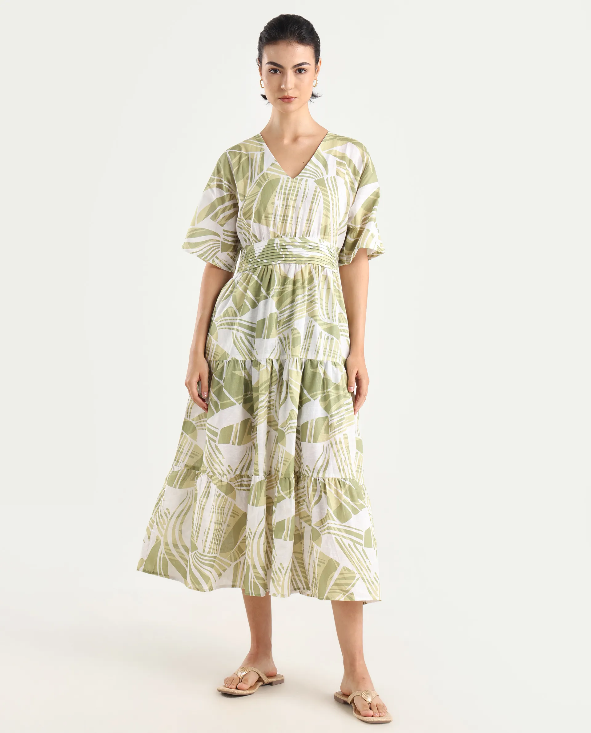 Rareism Women's Eltuz Light Green Cotton Blend V-Neck Abstract Print Extended Sleeves Maxi Fit And Flare Dress - Image 2
