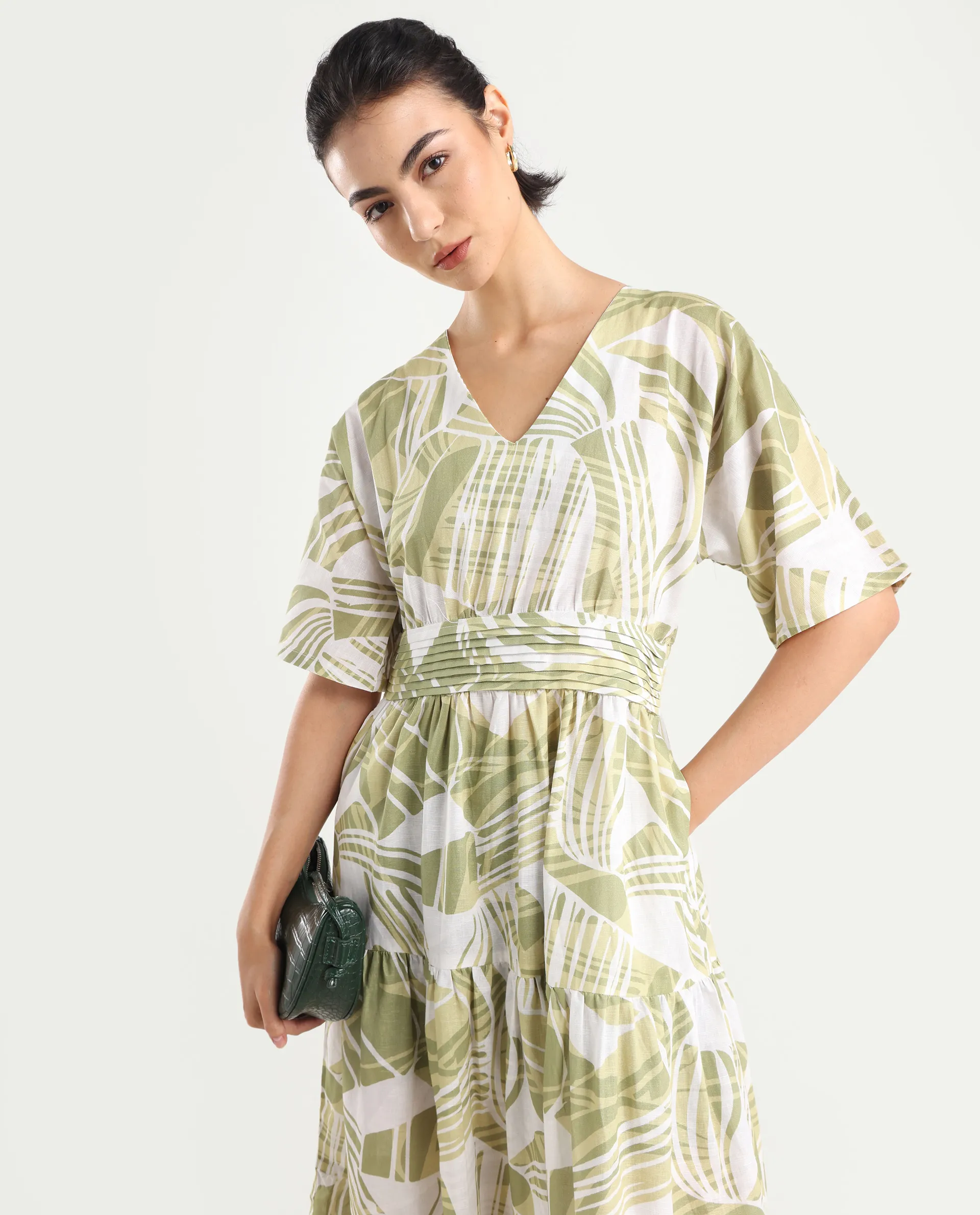 Rareism Women's Eltuz Light Green Cotton Blend V-Neck Abstract Print Extended Sleeves Maxi Fit And Flare Dress - Image 3