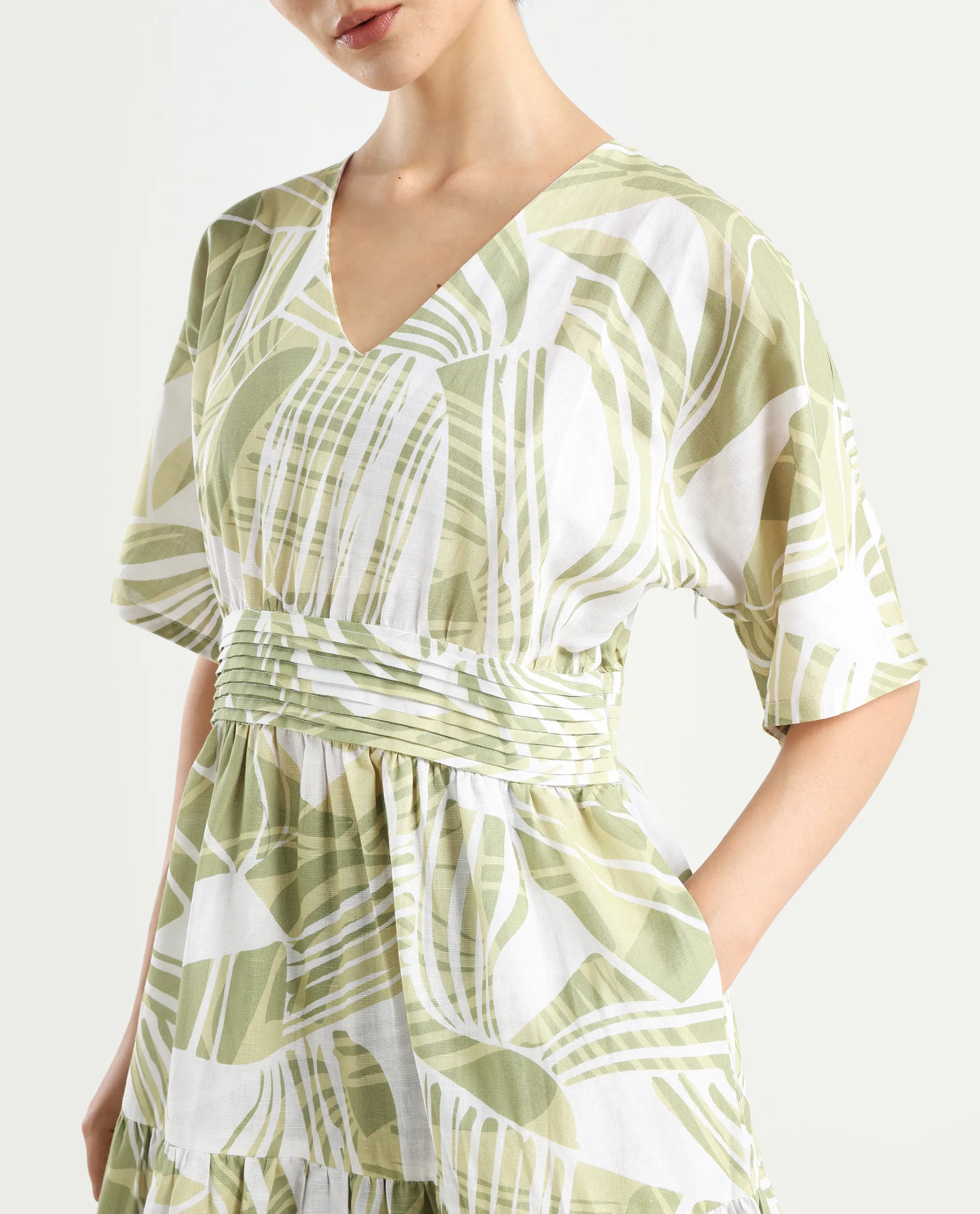 Rareism Women's Eltuz Light Green Cotton Blend V-Neck Abstract Print Extended Sleeves Maxi Fit And Flare Dress - Image 4
