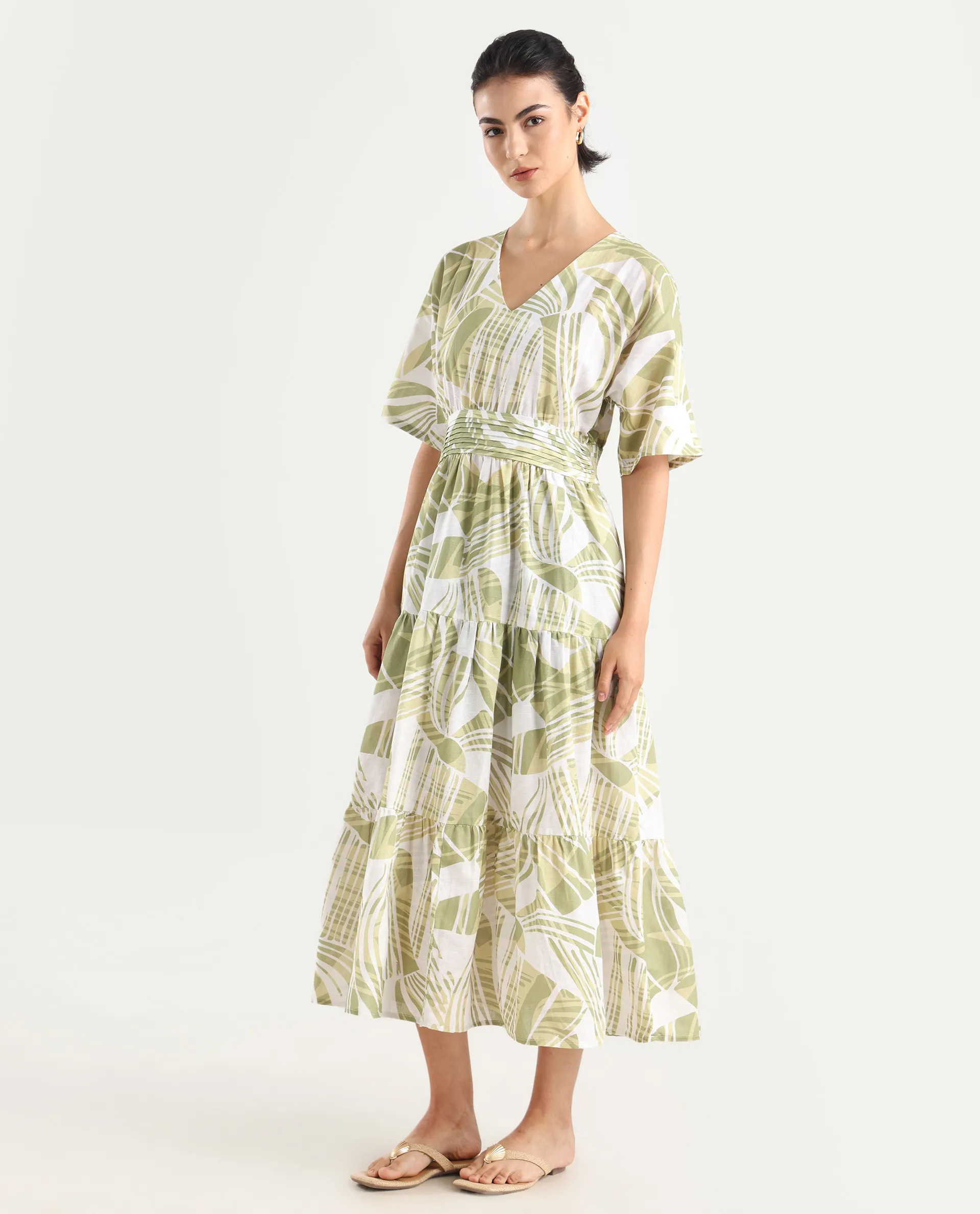 Rareism Women's Eltuz Light Green Cotton Blend V-Neck Abstract Print Extended Sleeves Maxi Fit And Flare Dress - Image 5