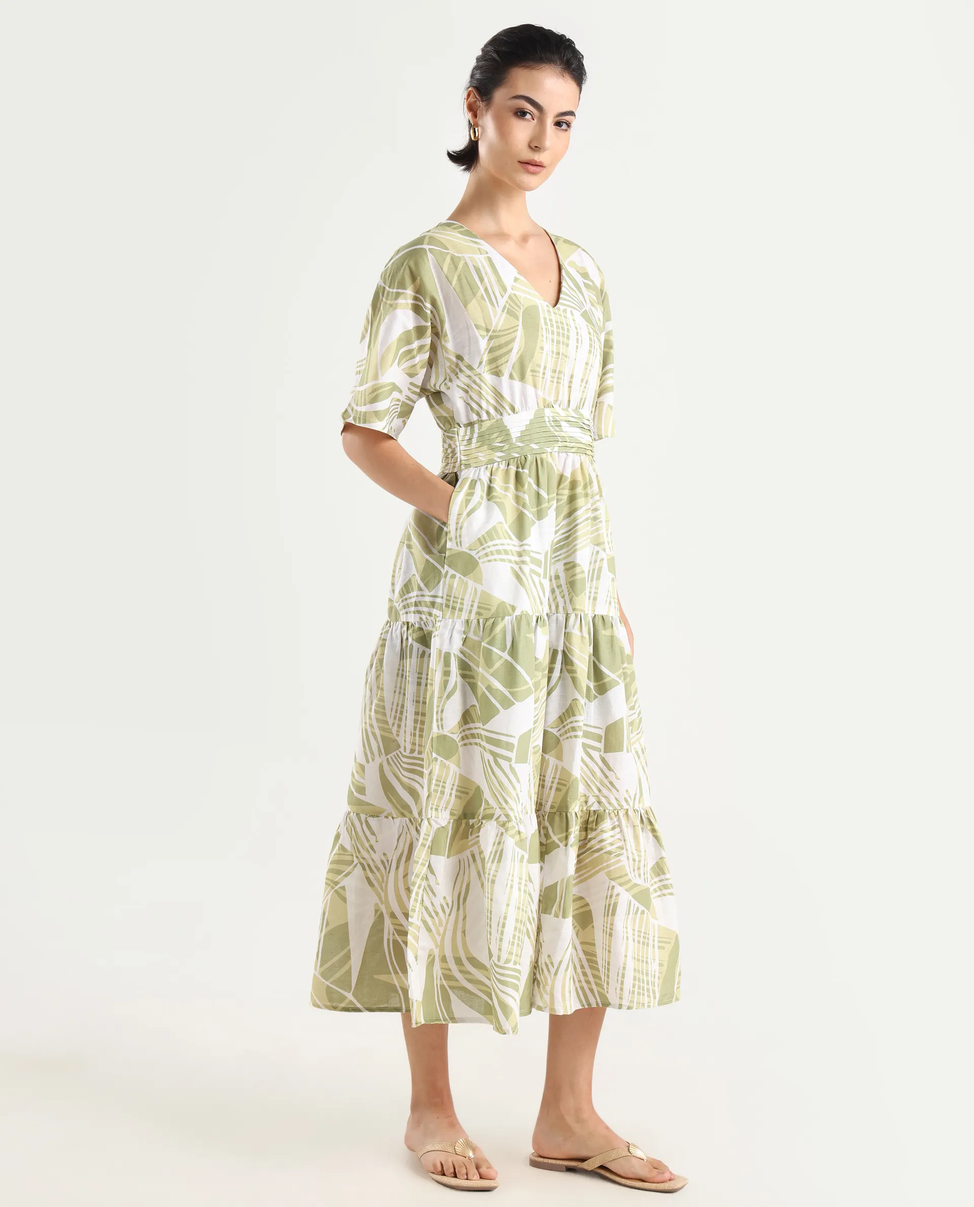 Rareism Women's Eltuz Light Green Cotton Blend V-Neck Abstract Print Extended Sleeves Maxi Fit And Flare Dress - Image 6