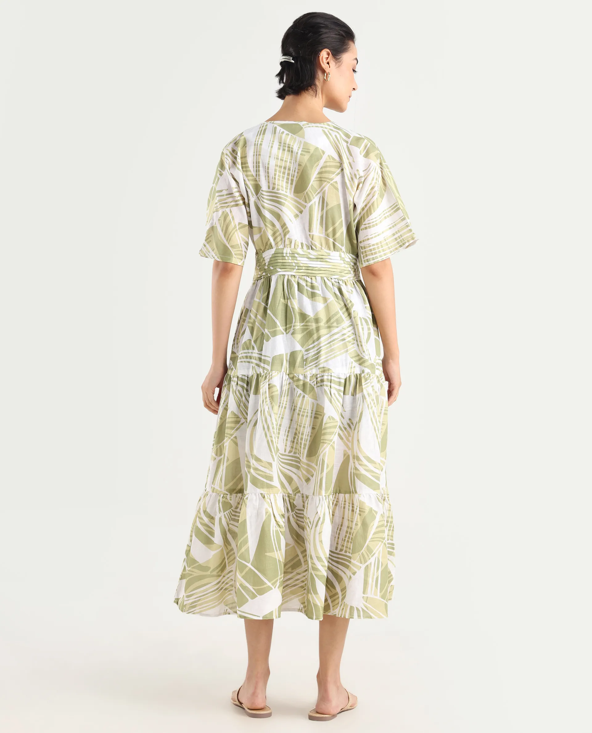 Rareism Women's Eltuz Light Green Cotton Blend V-Neck Abstract Print Extended Sleeves Maxi Fit And Flare Dress - Image 7